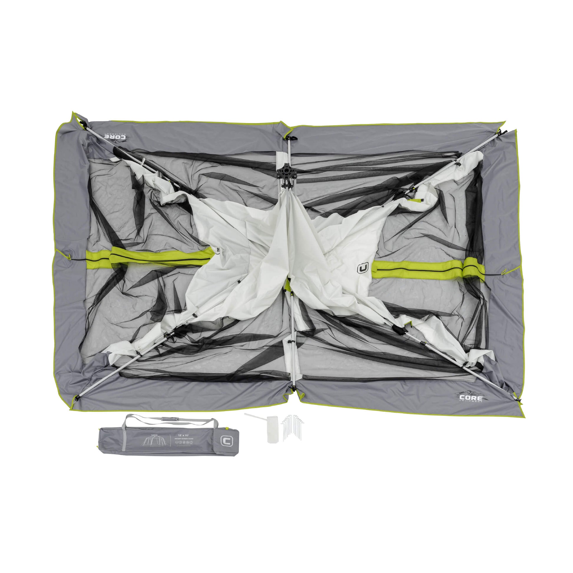 Overhead view of CORE 12x10 instant screen house in gray laying flat showing stake and carry bag.
