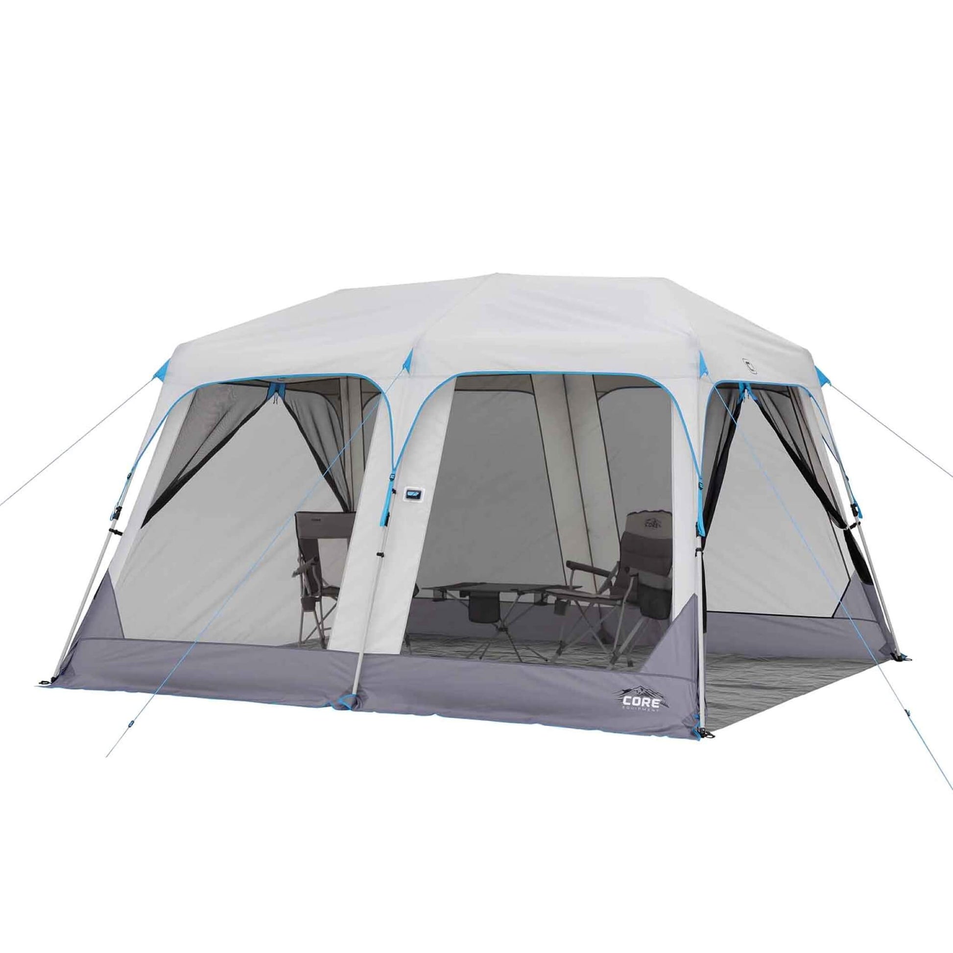 CORE 12 ft x 10 ft lighted instant screen house with chairs and table set up inside, providing shaded bug-free outdoor shelter.