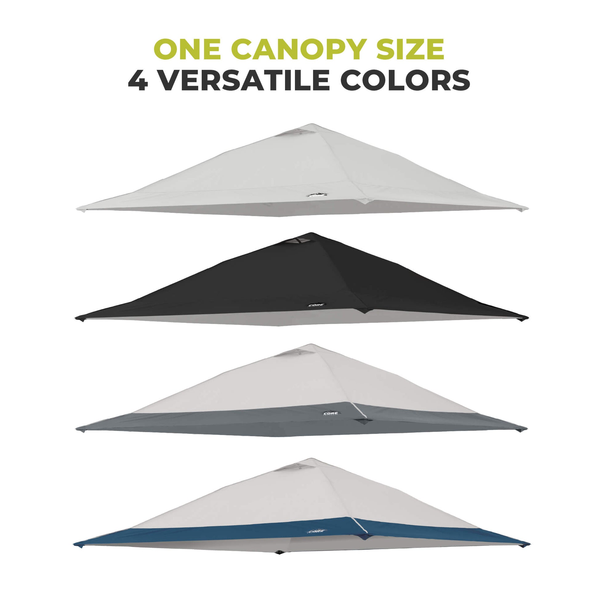 CORE 13x13 Center Push canopy tops available in four team colors, including black, gray, light/dark gray, and gray/navy.