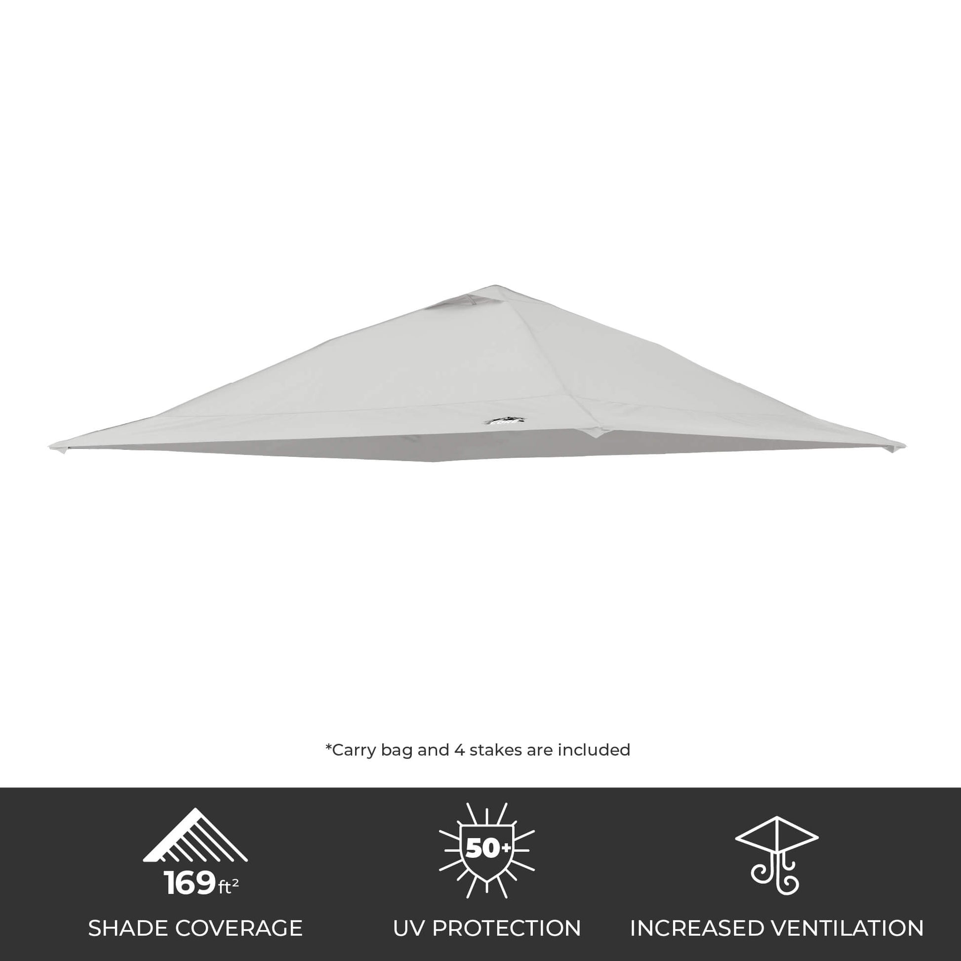 CORE 13x13 Center Push canopy top in gray, featuring 169 sq ft of shade, UPF 50+ sun protection, and a vented roof for airflow.