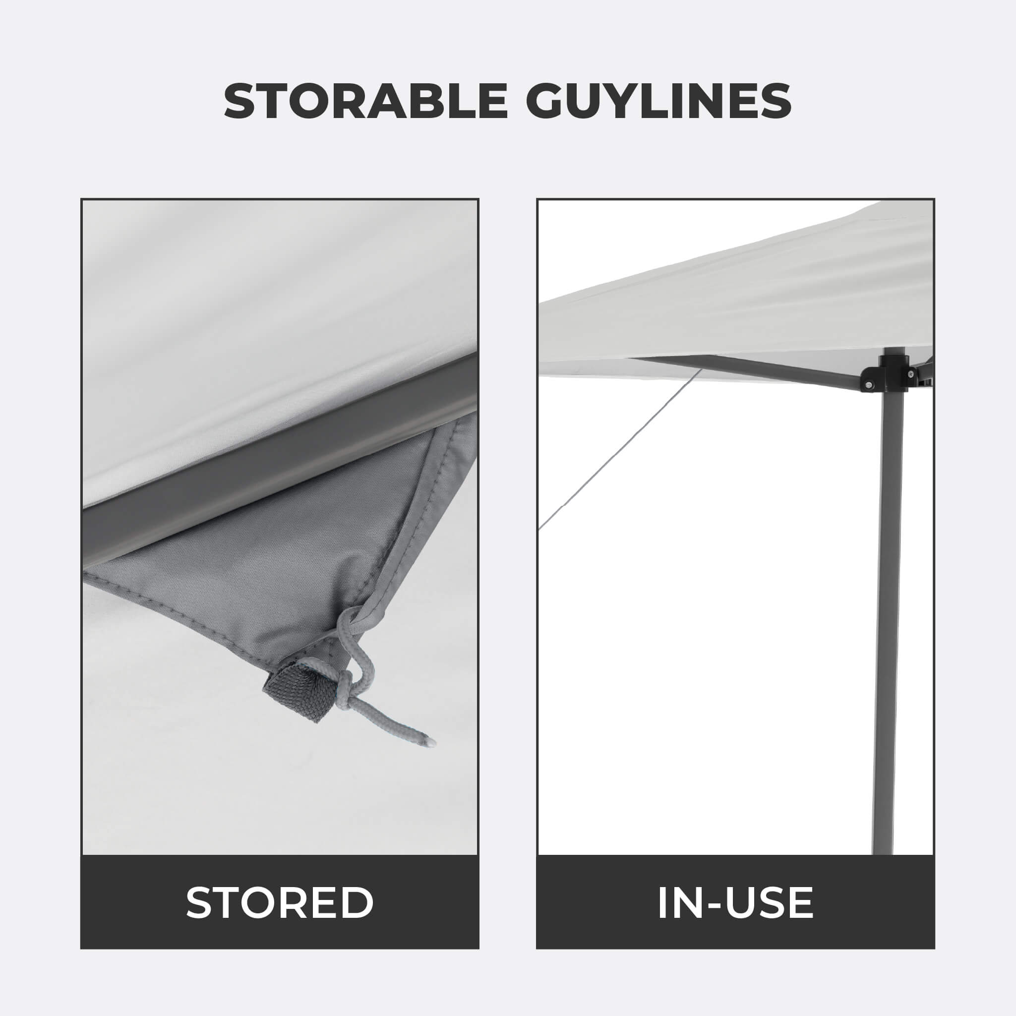 Close-up view of storable guylines on the CORE 13x13 Center Push canopy top in gray.