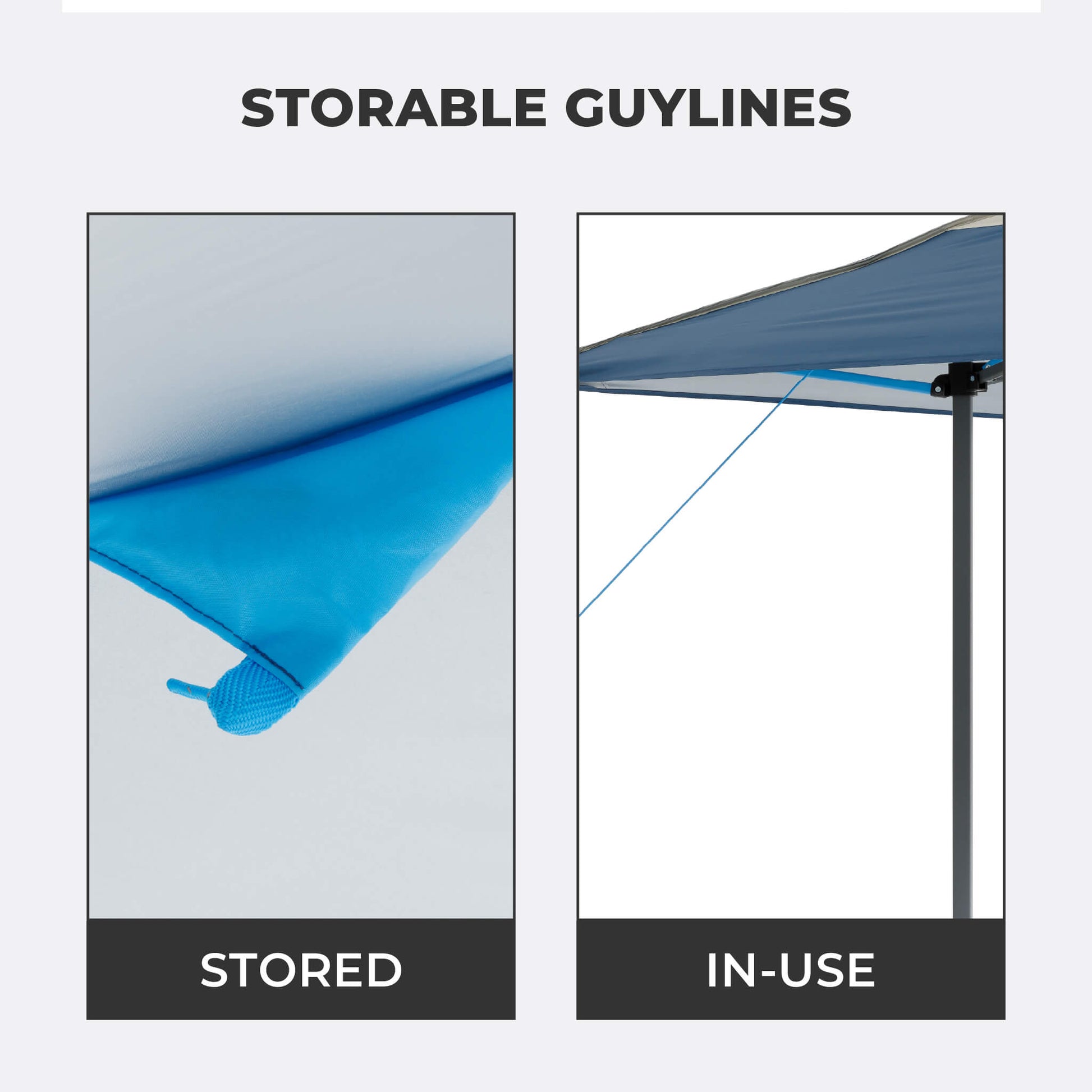 Close-up view of storable guylines on the CORE 13x13 Center Push canopy top in gray/navy.