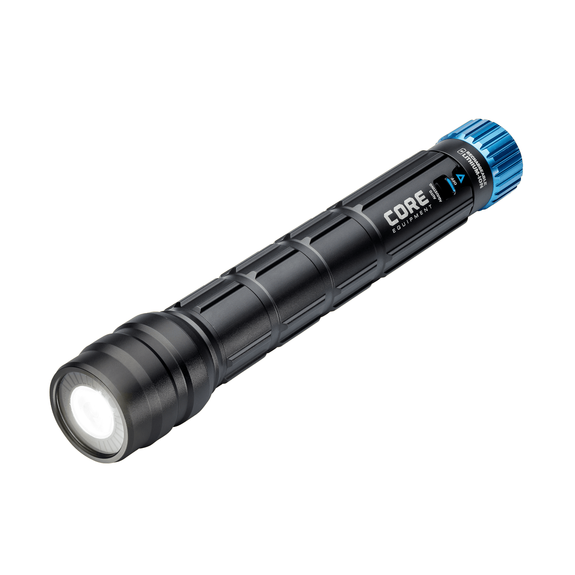 Black 1500 lumen rechargeable flashlight with blue accent.