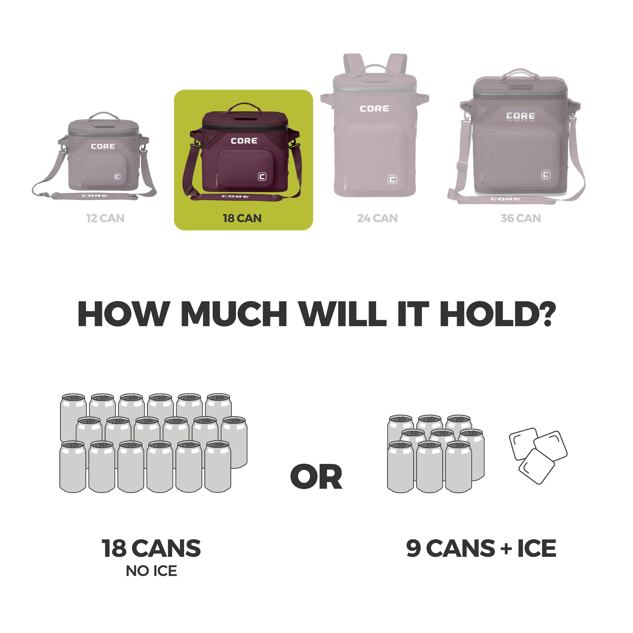 Graphic of CORE 18 can Climakeep mulberry cooler showing capacity: 18 cans, 9 with ice, plus size comparison.