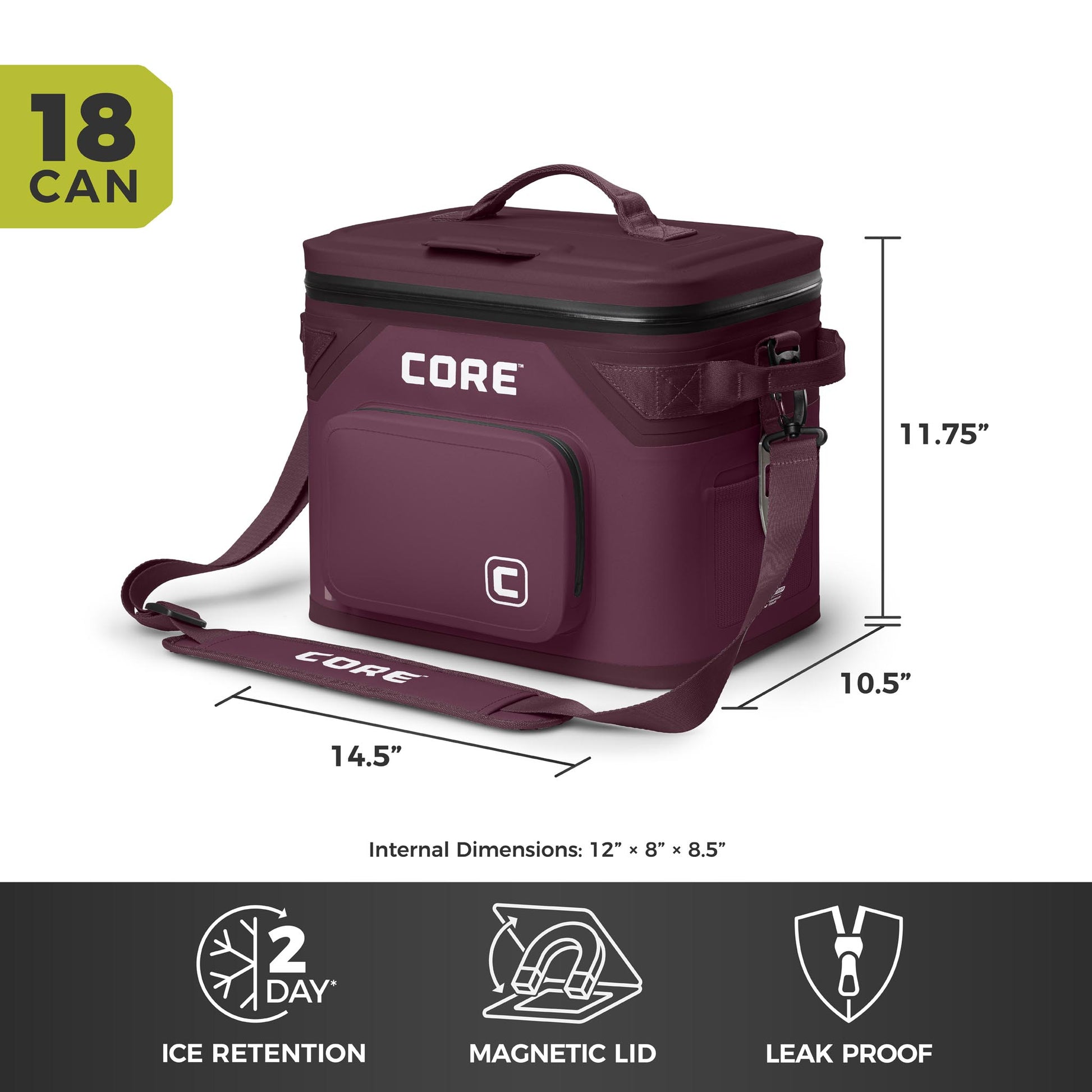 CORE Climakeep 18 can mulberry cooler, 11.75 x 14.5 x 10.5 in, with 2-day ice retention, magnetic lid, and leakproof design.