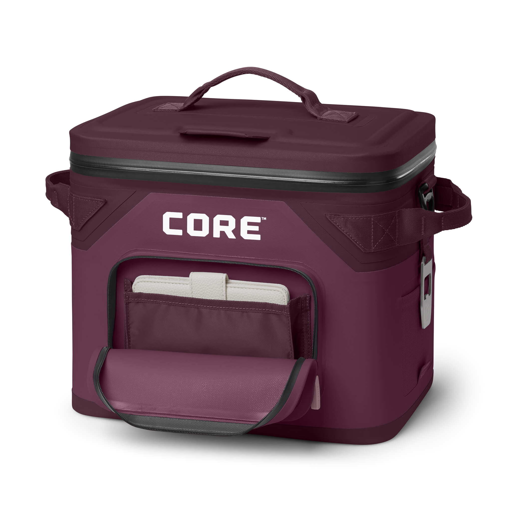 CORE Climakeep 18 Can Cooler in Mulberry with front pocket open, side bottle opener, and waterproof design.