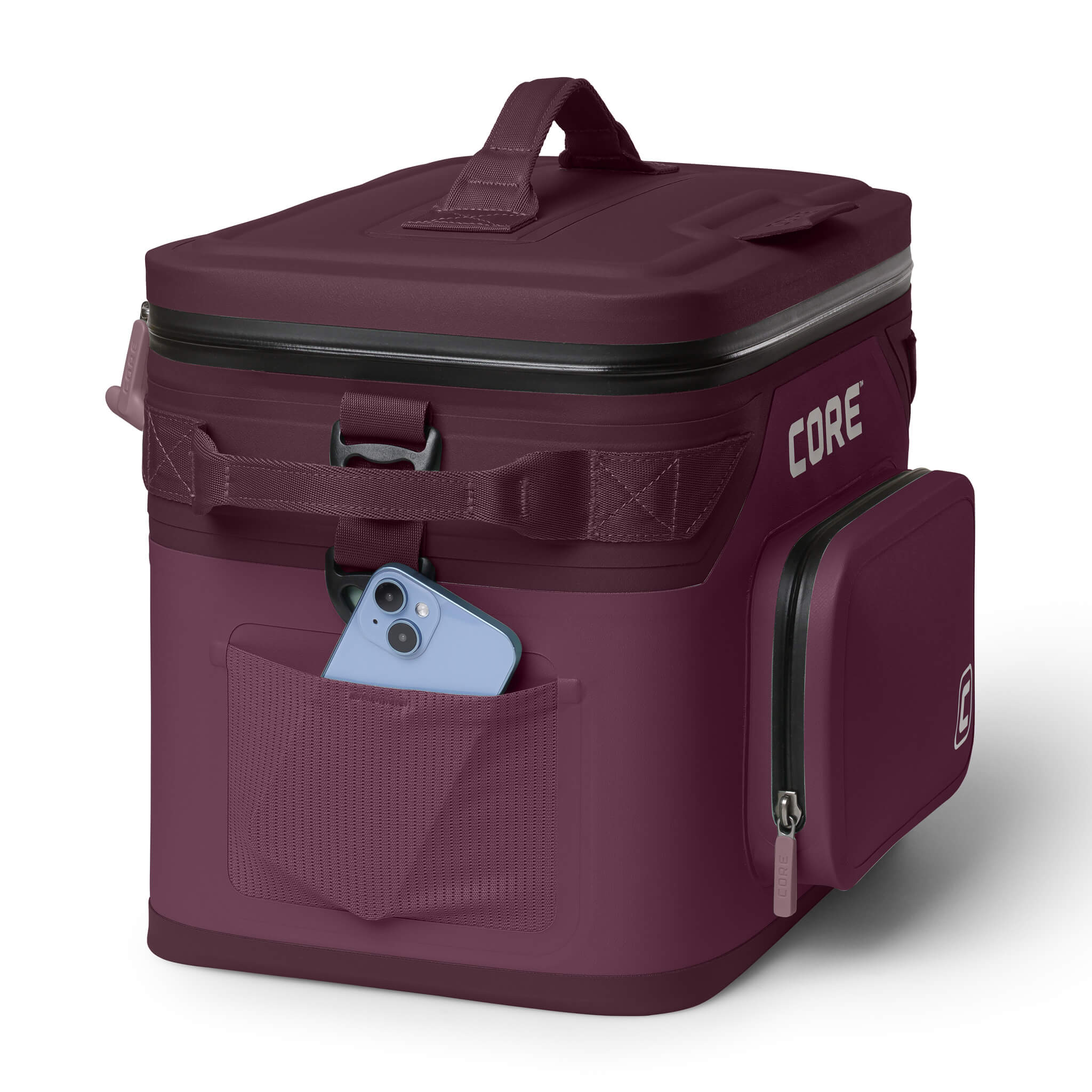 CORE Climakeep 18 Can Cooler in Mulberry with a mesh side pocket holding a phone and a waterproof build.