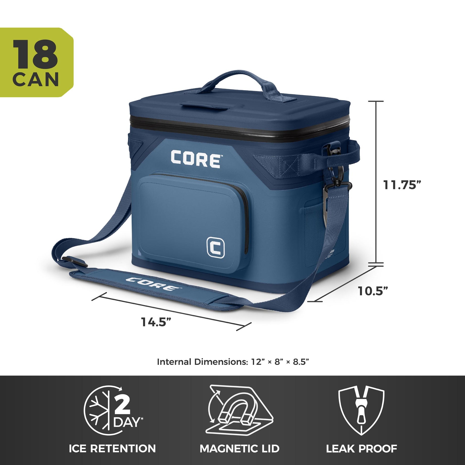 CORE Climakeep 18 can navy cooler, 11.75 x 14.5 x 10.5 in, with 2-day ice retention, magnetic lid, and leakproof design.