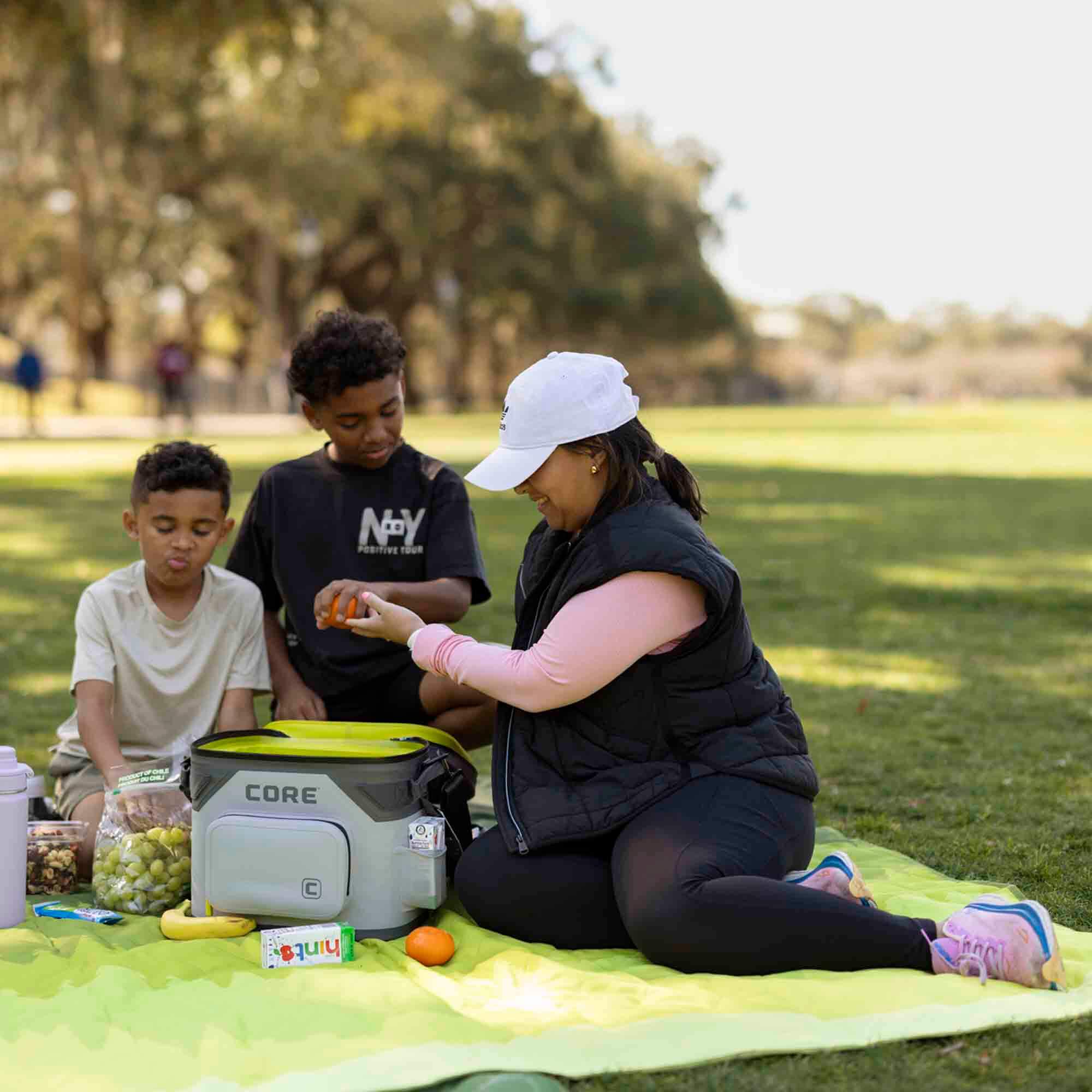 CORE Climakeep 18 can Shadow Gray cooler on picnic blanket with family, filled with snacks and drinks for an outdoor day.