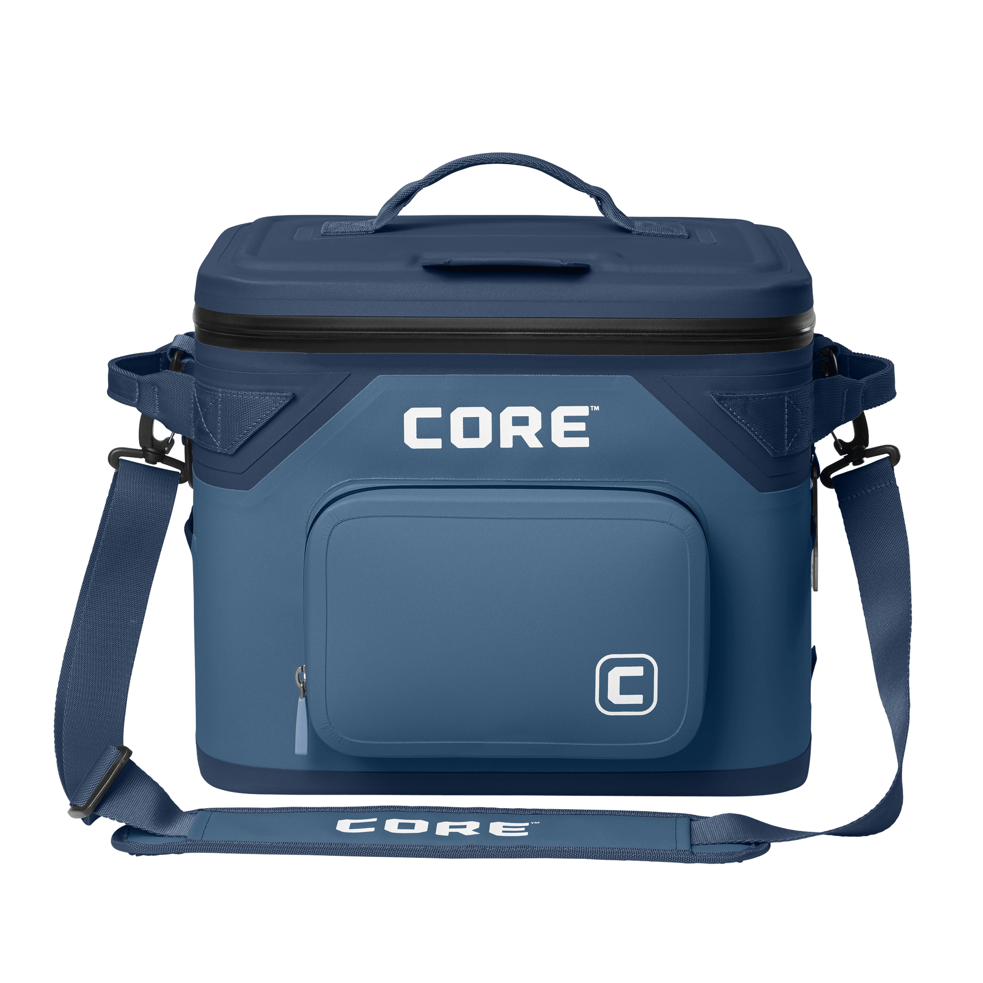 CORE Climakeep 18 can cooler front view in navy with a waterproof design and a shoulder strap.