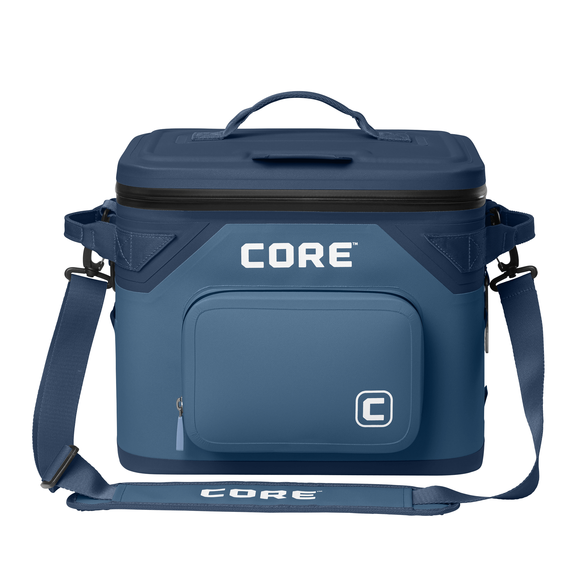 CORE Climakeep 18 can cooler front view in navy with a waterproof design and a shoulder strap.