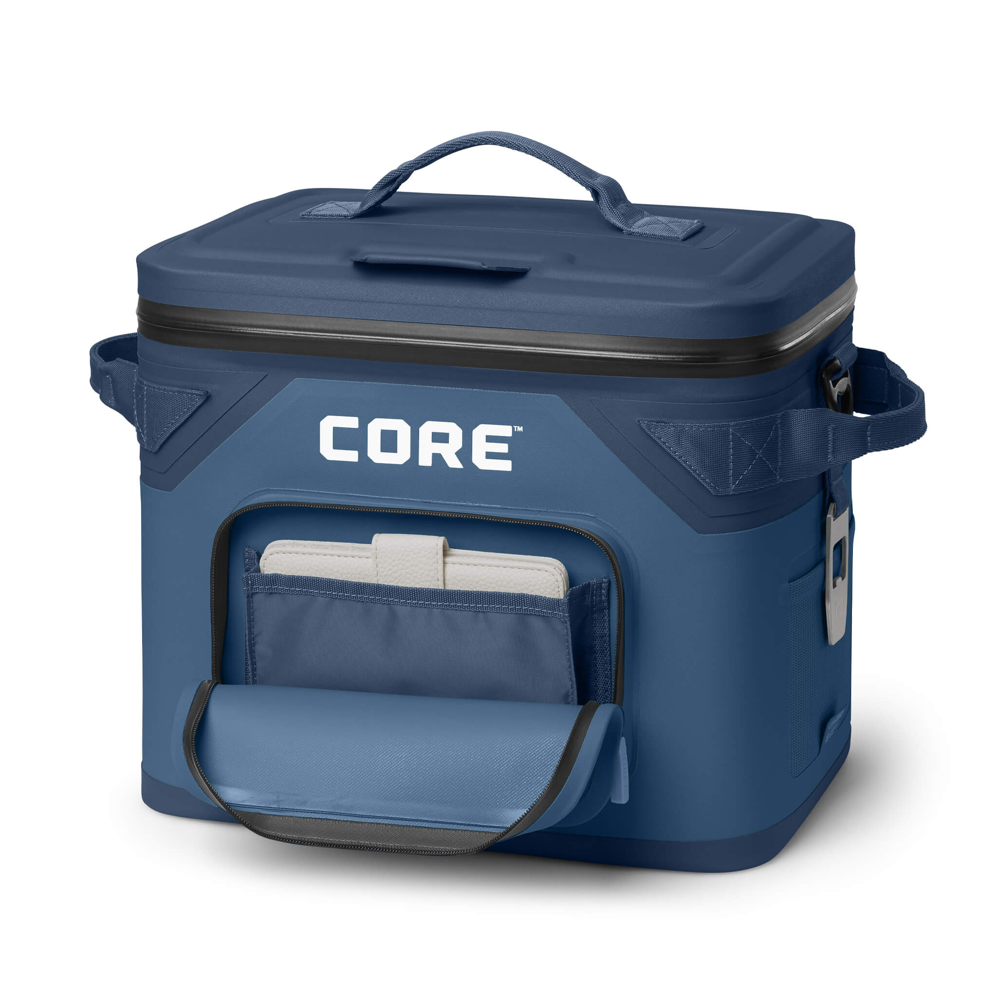 CORE Climakeep 18 Can Cooler in Navy with front pocket open, side bottle opener, and waterproof design.