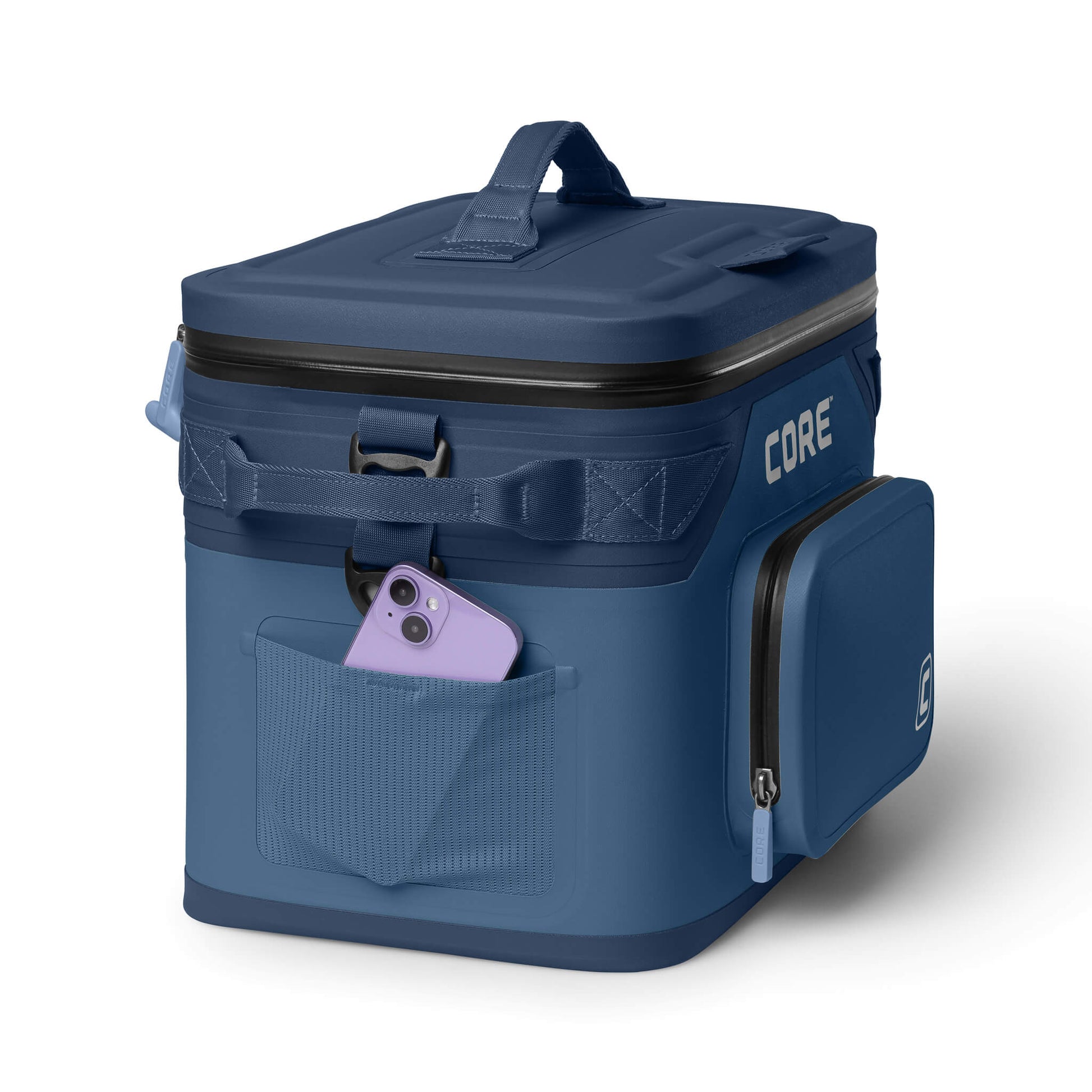 CORE Climakeep 18 Can Cooler in Navy with a mesh side pocket holding a phone and a waterproof build.