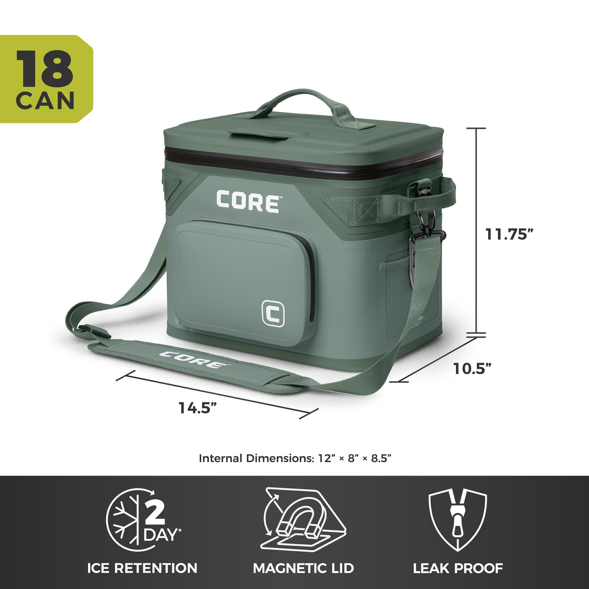 CORE Climakeep 18 can sage cooler, 11.75 x 14.5 x 10.5 in, with 2-day ice retention, magnetic lid, and leakproof design.