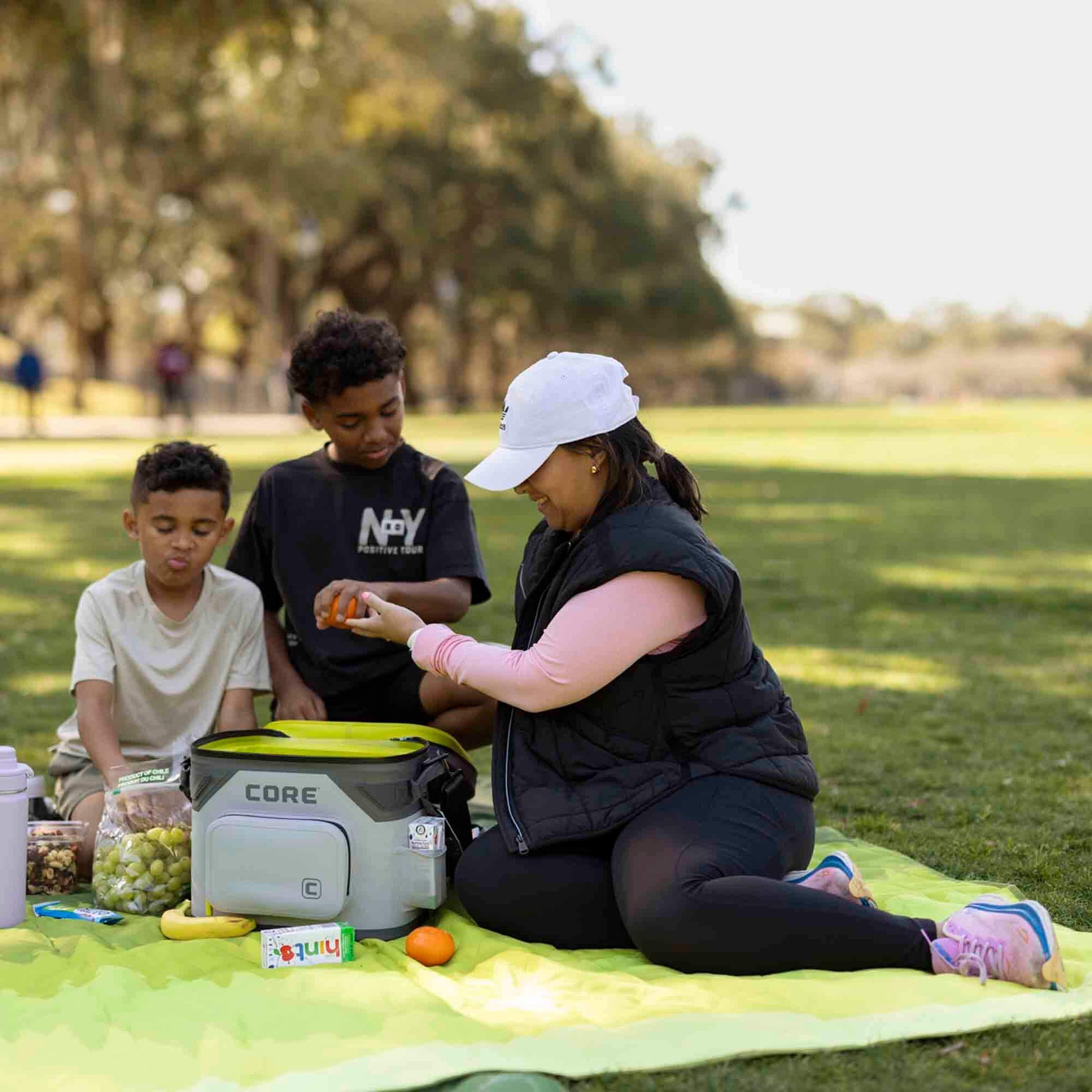 CORE Climakeep 18 can Shadow Gray cooler on picnic blanket with family, filled with snacks and drinks for an outdoor day.