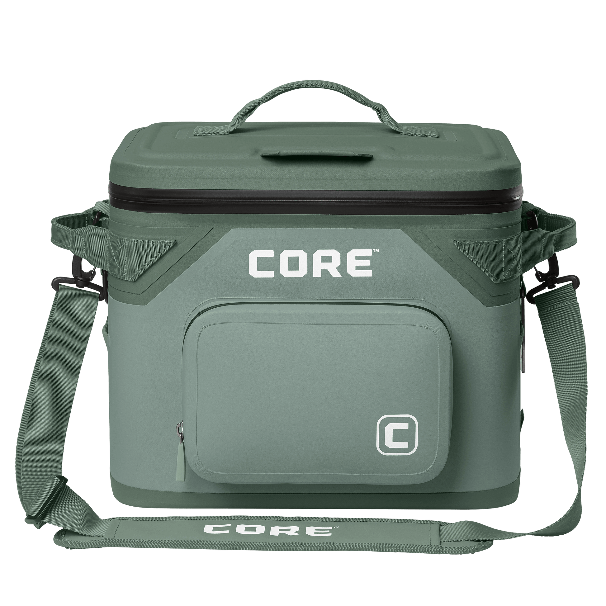 CORE Climakeep 18 can cooler front view in sage with a waterproof design and a shoulder strap.