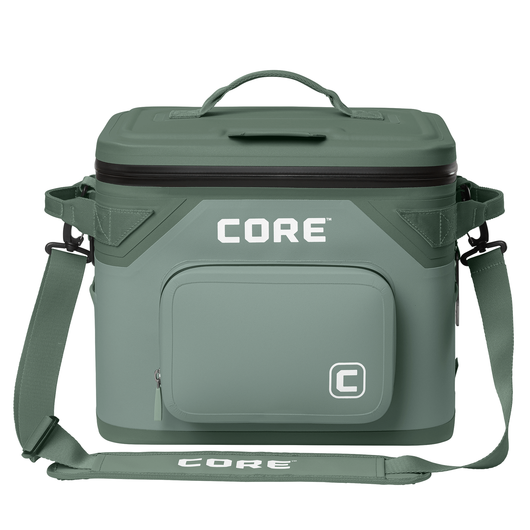 CORE Climakeep 18 can cooler front view in sage with a waterproof design and a shoulder strap.