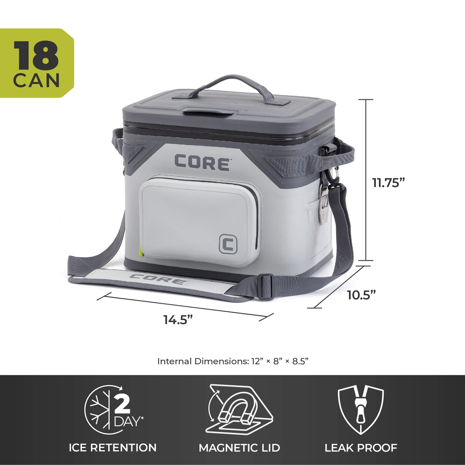 CORE Climakeep 18 can shadow gray cooler, 11.75 x 14.5 x 10.5 in, with 2-day ice retention, magnetic lid, and leakproof design.