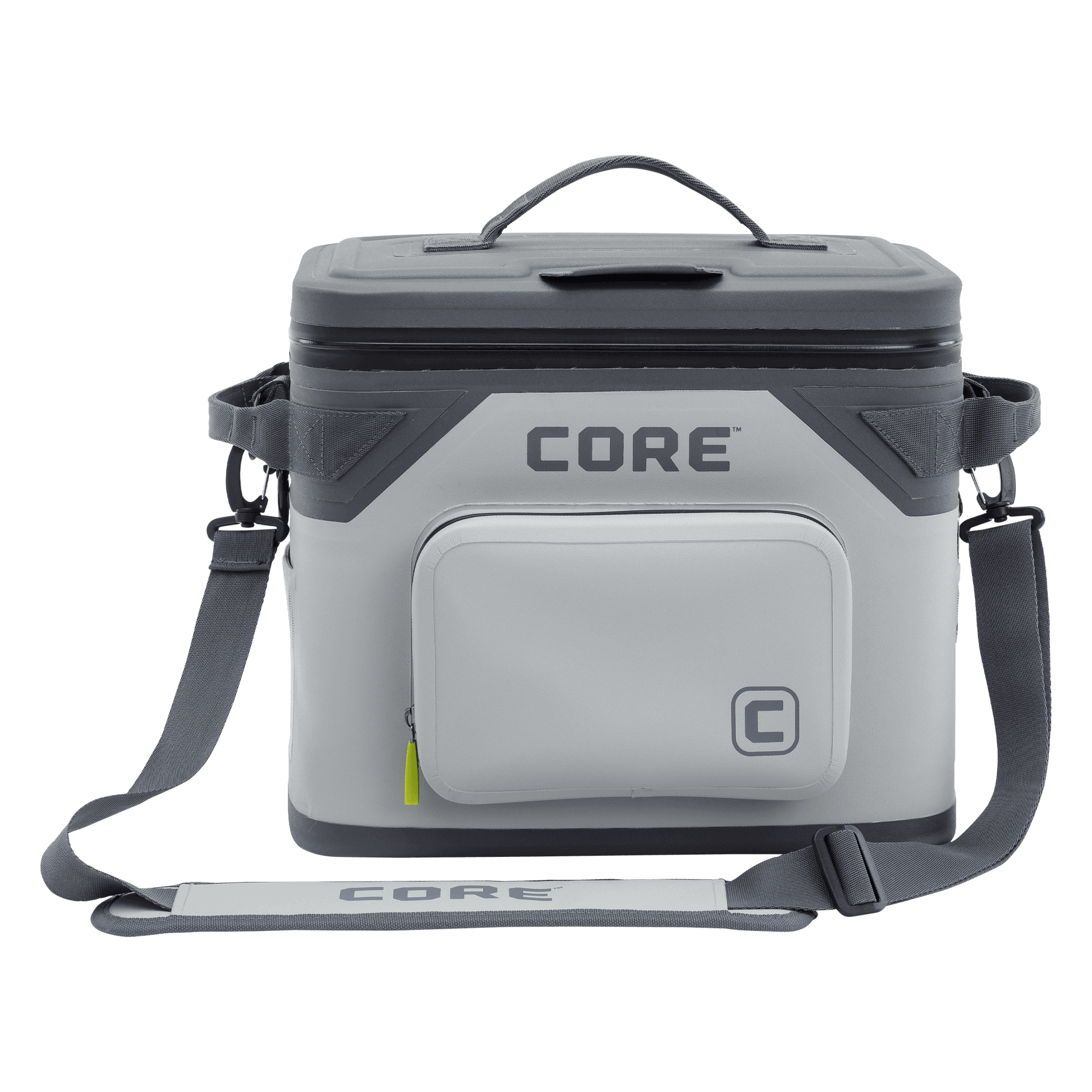 CORE Climakeep 18 can cooler front view in shadow gray with a waterproof design and a shoulder strap.