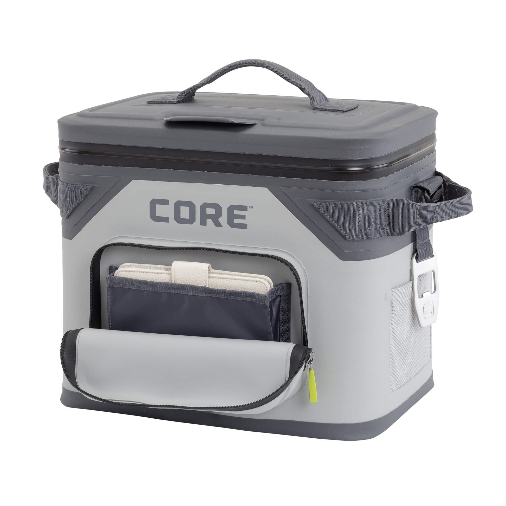 CORE Climakeep 18 can cooler in shadow gray with front pocket open, side bottle opener, and waterproof design.