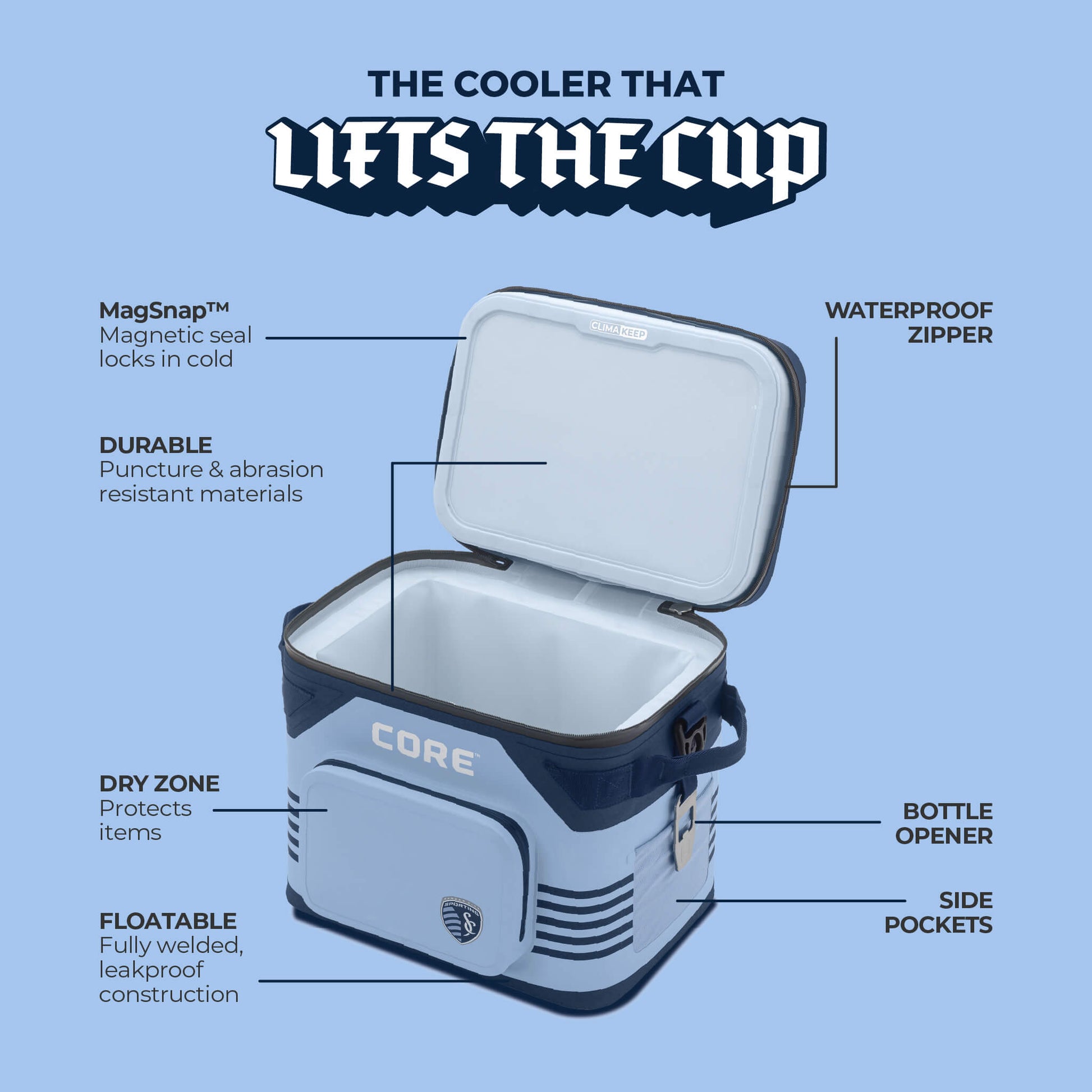 CORE 18 can Climakeep Sporting Kansas City cooler with waterproof zipper, magnetic seal, dry zone, bottle opener, side pockets, and durable build.
