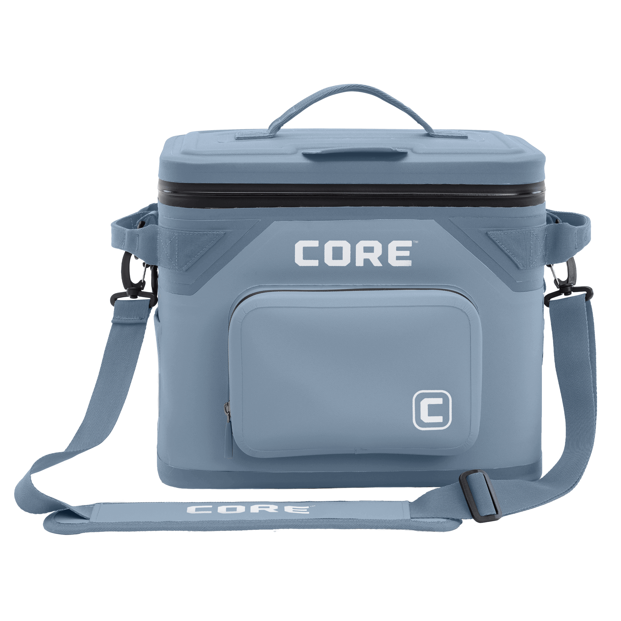 CORE Climakeep 18 can cooler front view in steel blue with a waterproof design and a shoulder strap.