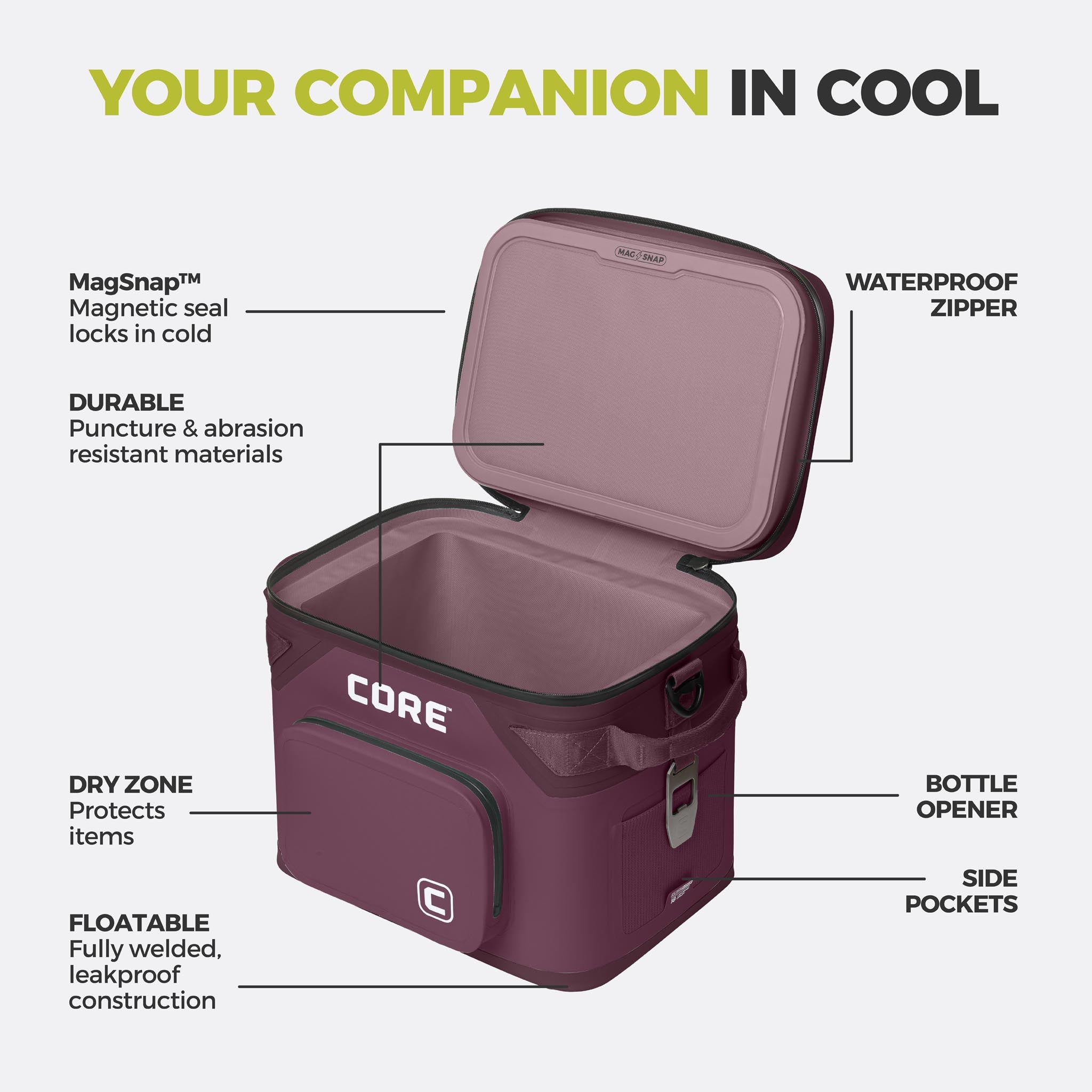 CORE 18 can Climakeep mulberry cooler with waterproof zipper, magnetic seal, dry zone, bottle opener, side pockets, and durable build.