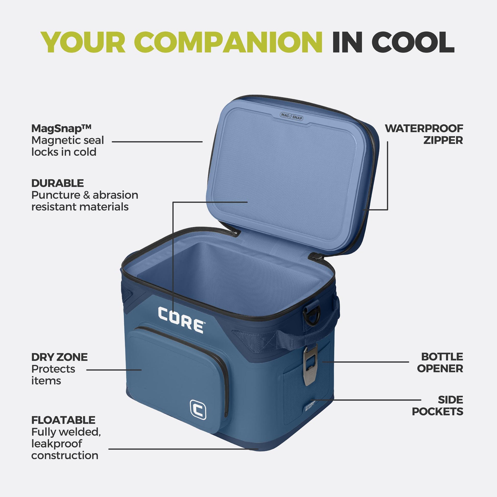CORE 18 can Climakeep navy cooler with waterproof zipper, magnetic seal, dry zone, bottle opener, side pockets, and durable build.