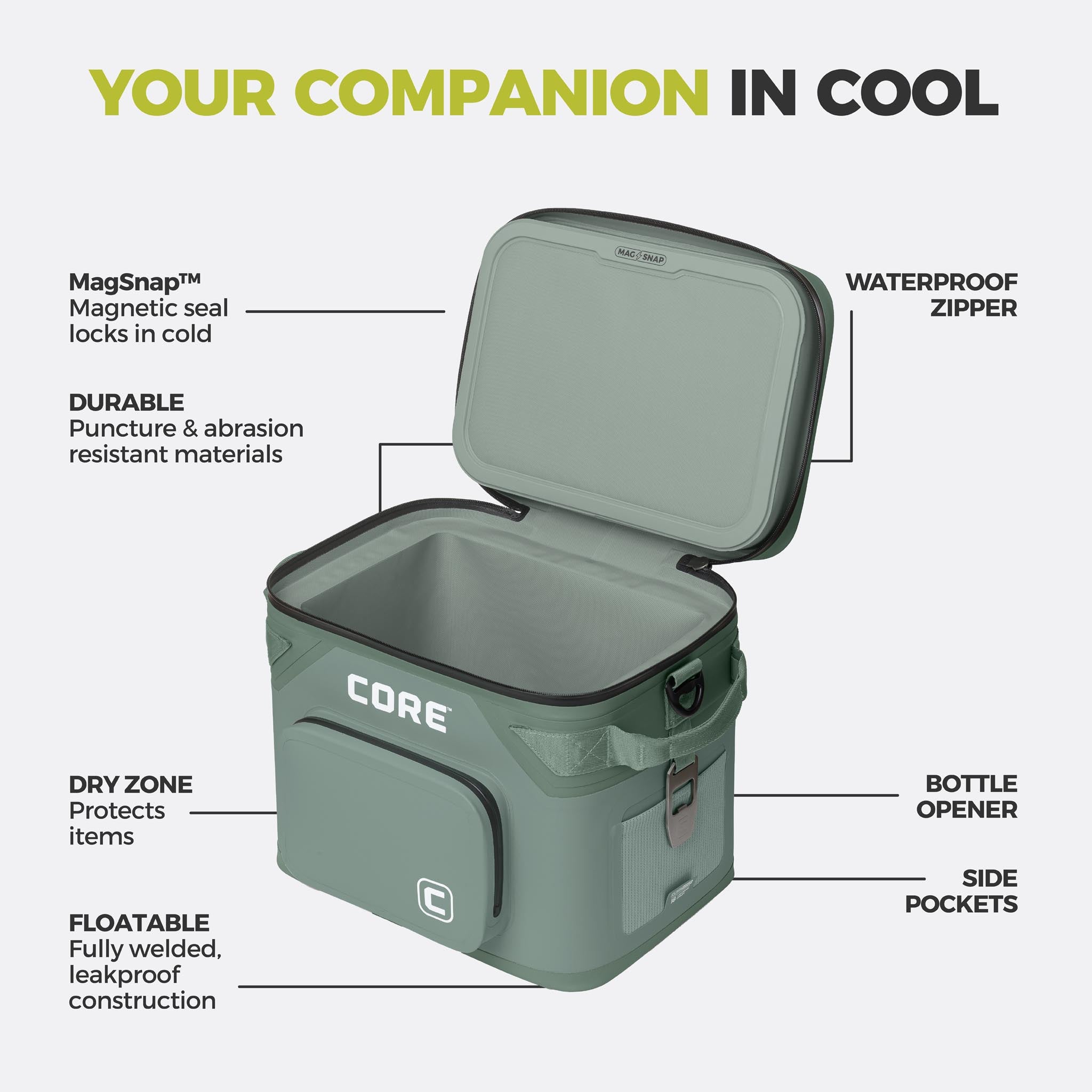 CORE 18 can Climakeep sage cooler with waterproof zipper, magnetic seal, dry zone, bottle opener, side pockets, and durable build.