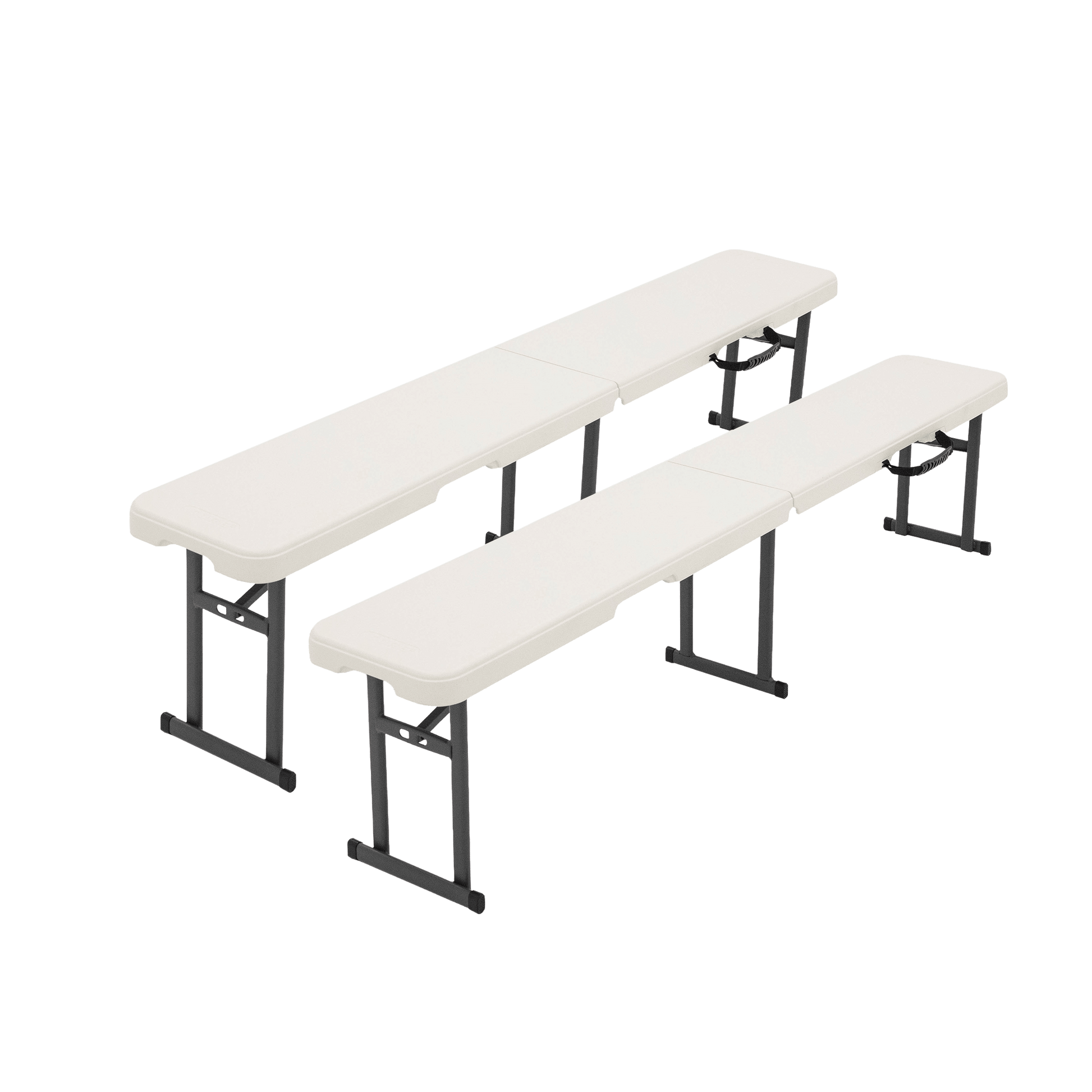 CORE 2 pack folding benches with white tops and black steel legs, durable design for camping or events.