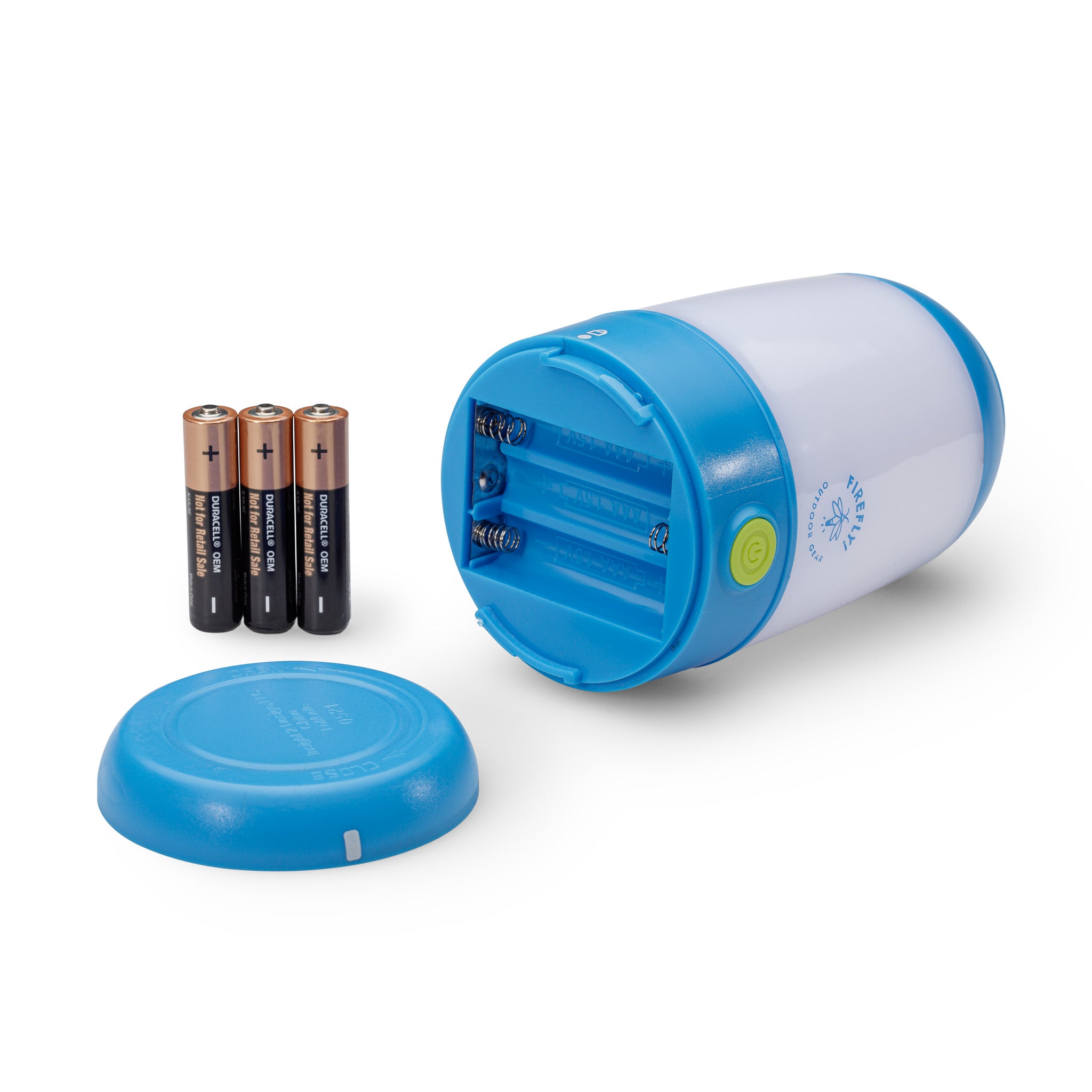 Blue and white 200 lumen lantern with bottom opened showing 3 AAA batteries.