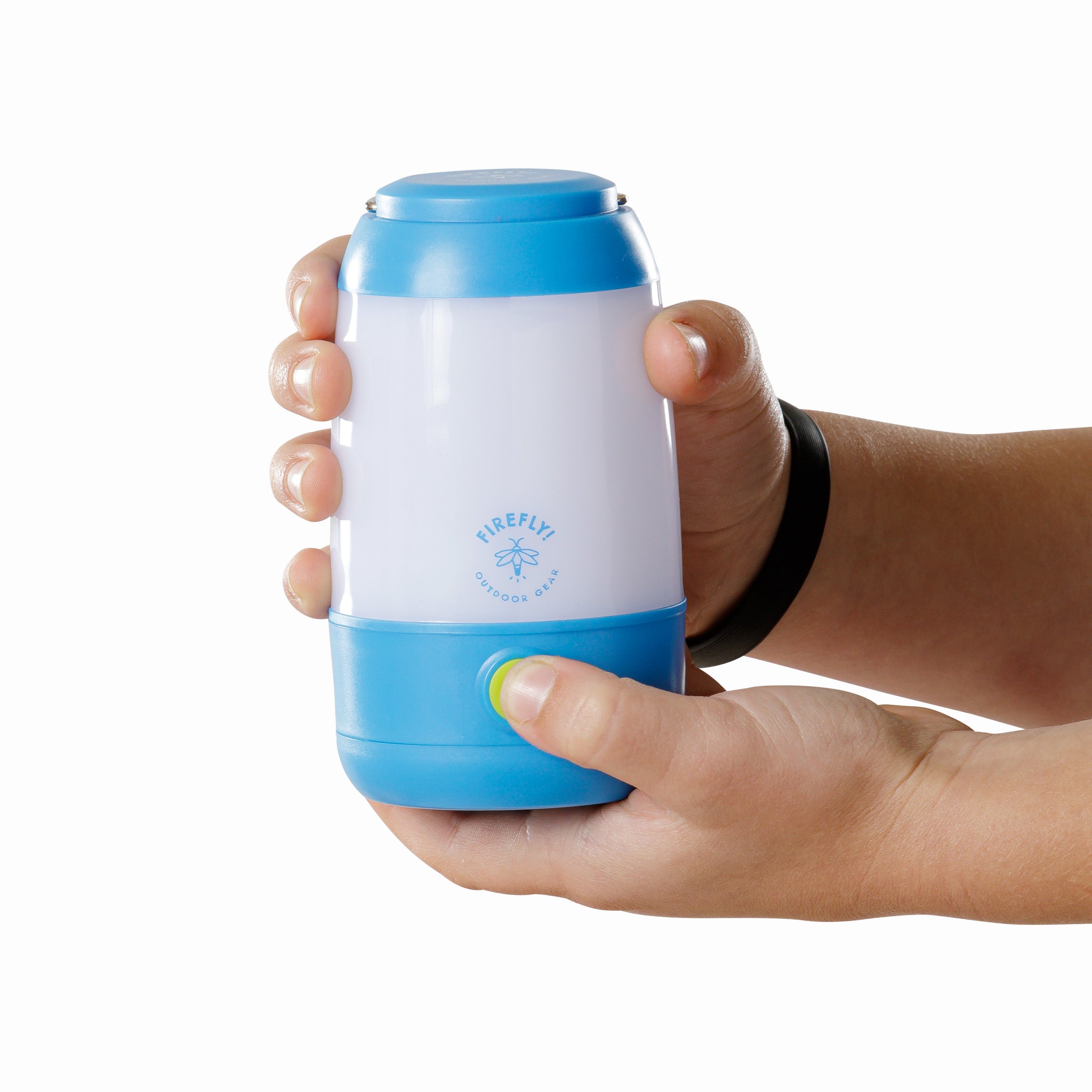 Hand holding a blue and white 200 lumen lantern.