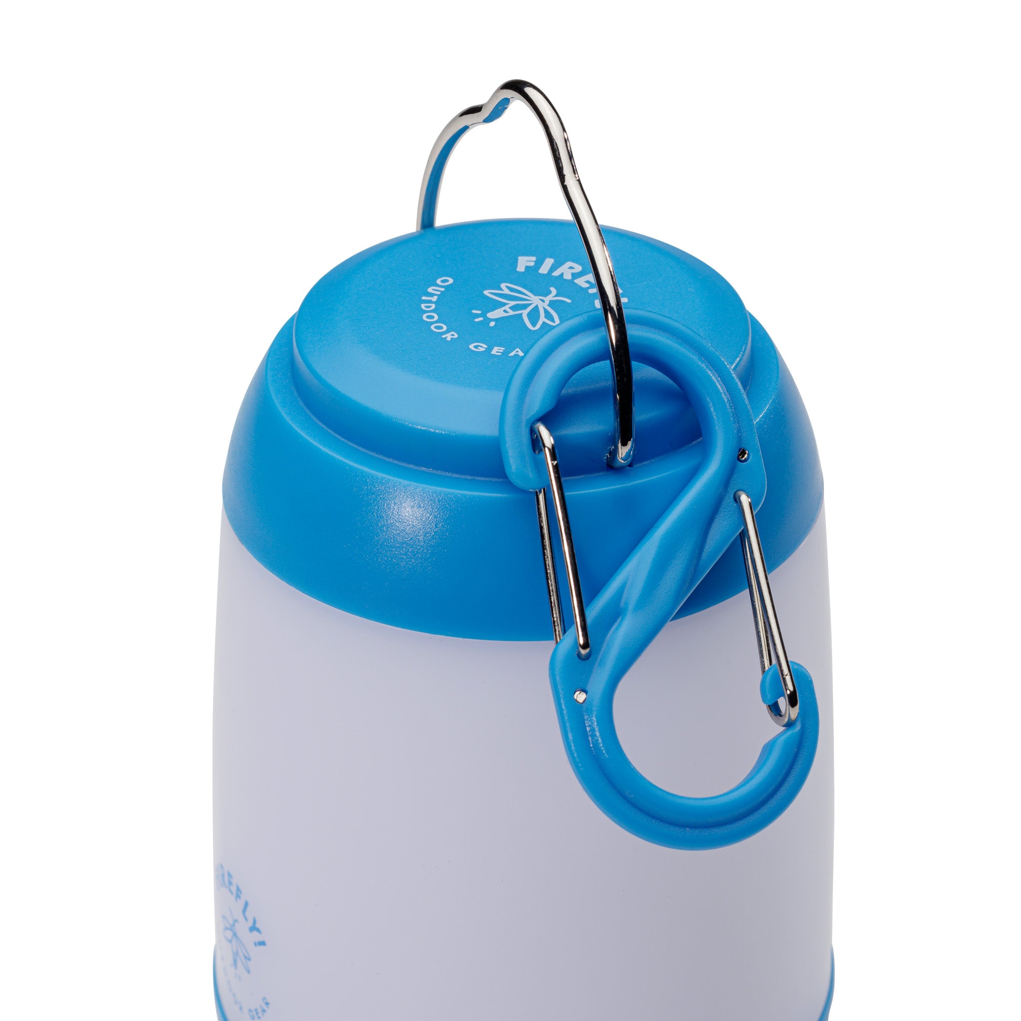 Blue and white 200 lumen lantern with carabiner around the handle.