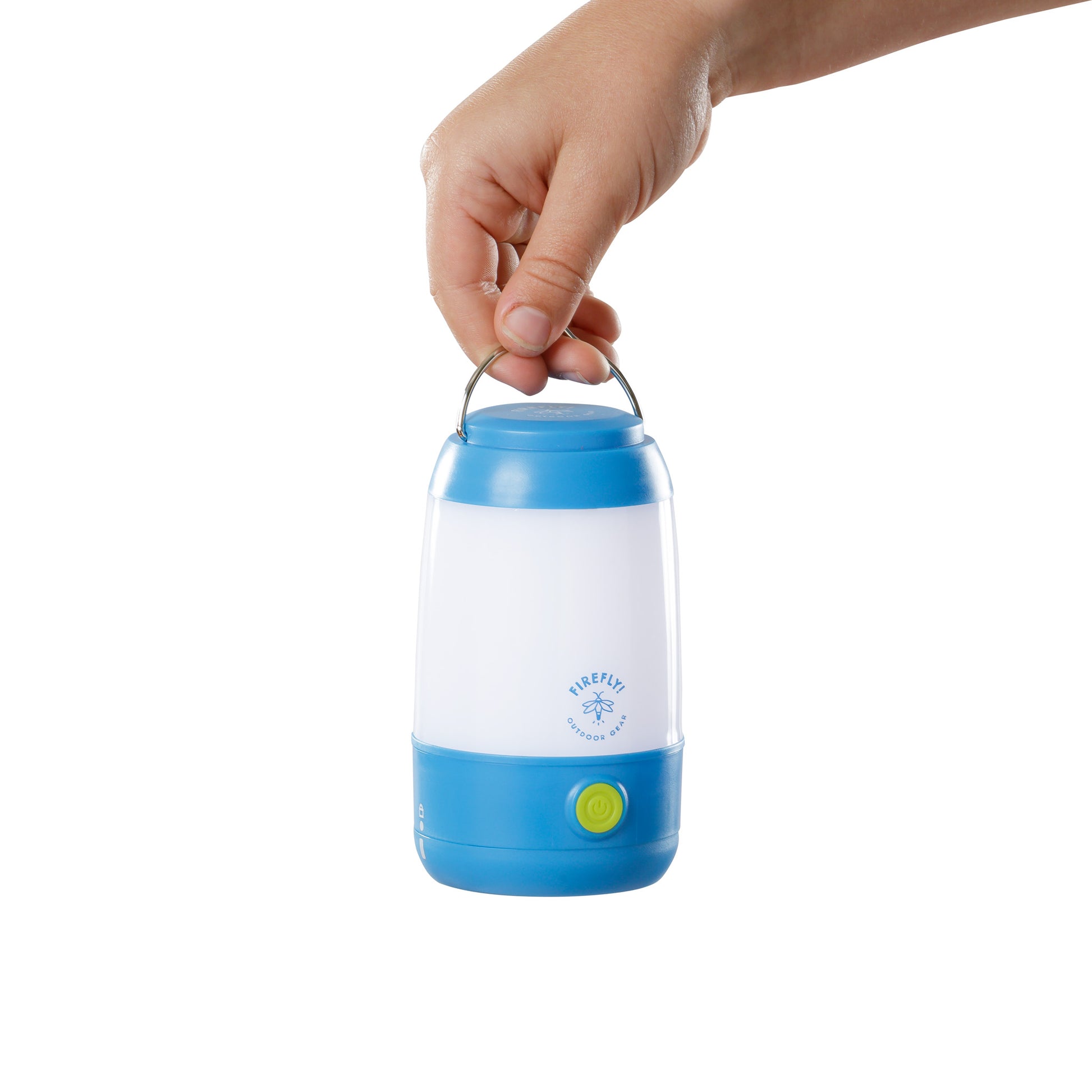 Hand holding a blue and white portable lantern on a white background.