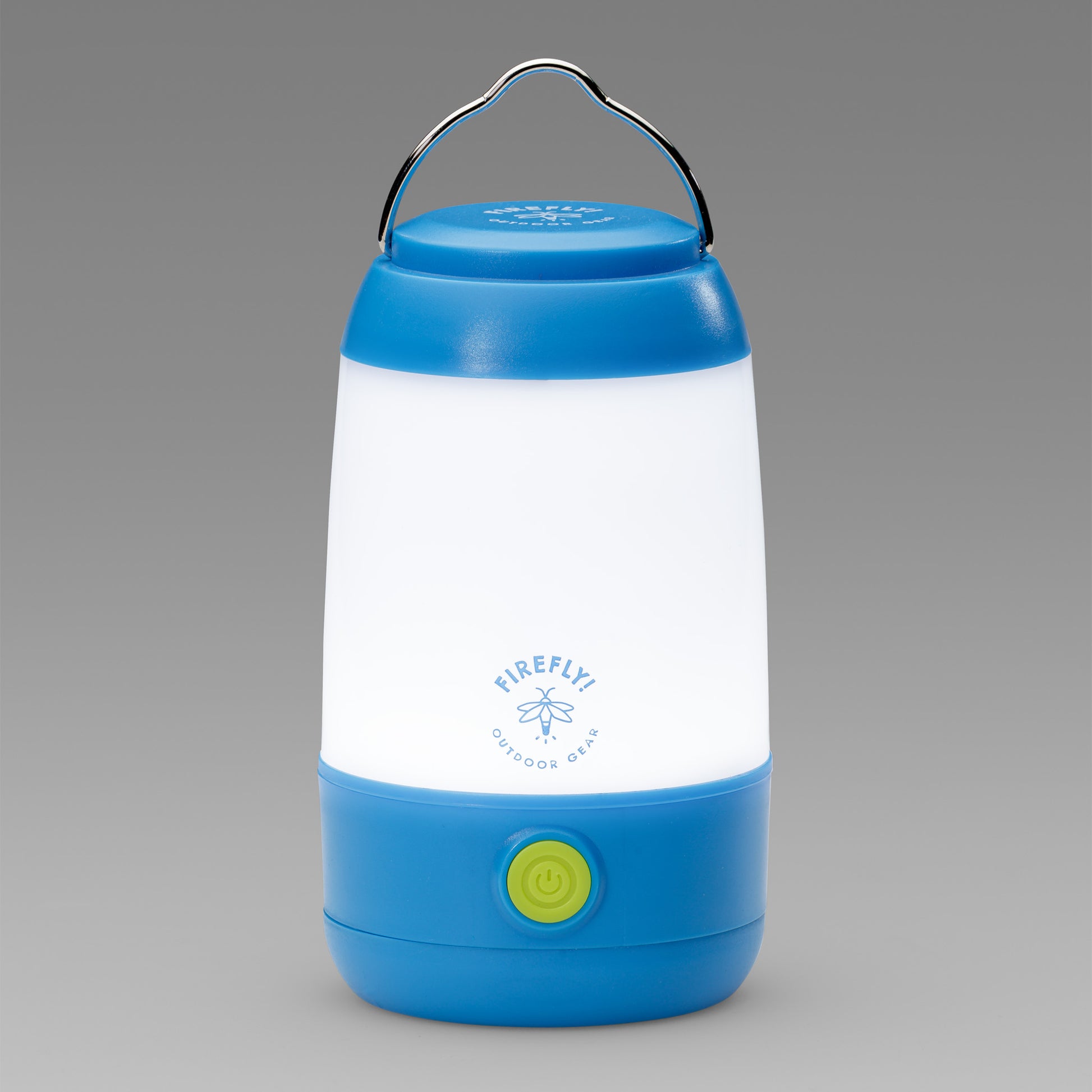 Blue and white camping lantern with visible brand logo on a gray background.