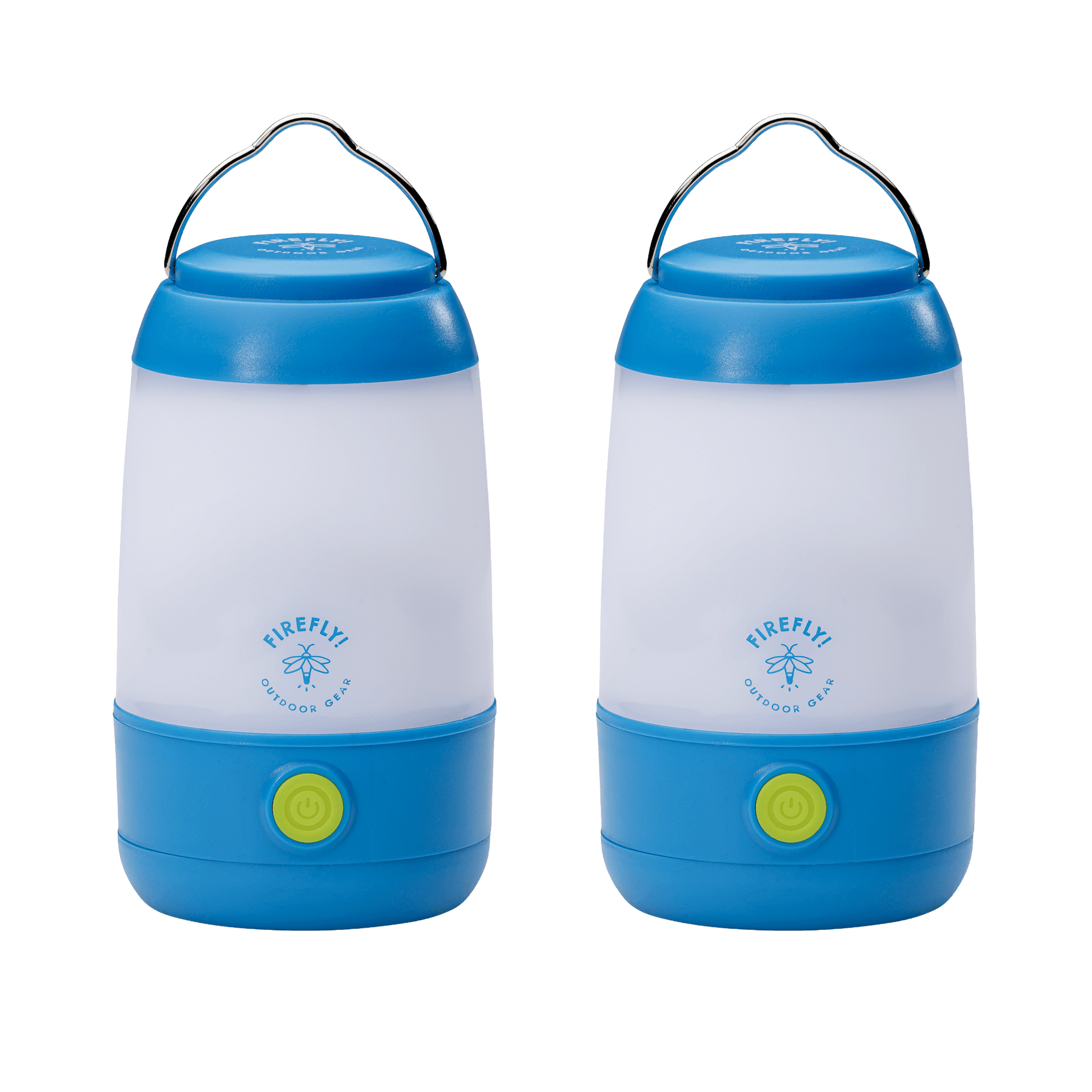 Two blue and white camping lanterns with visible brand logo on a black background