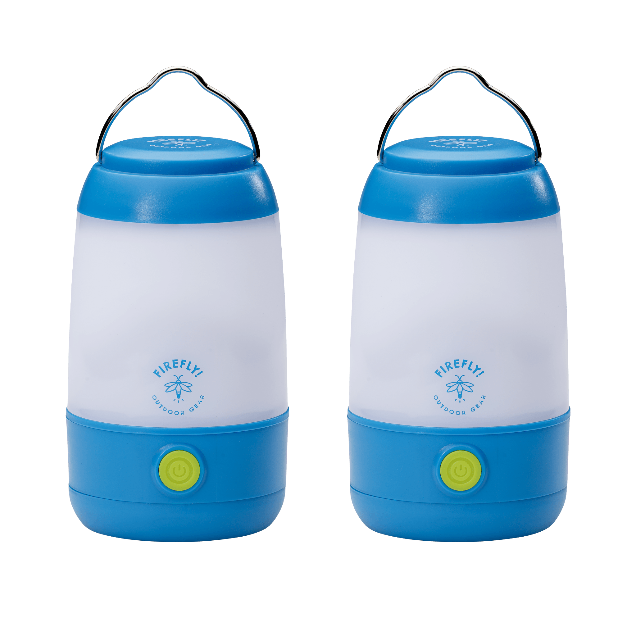 Two blue and white camping lanterns with visible brand logo on a black background