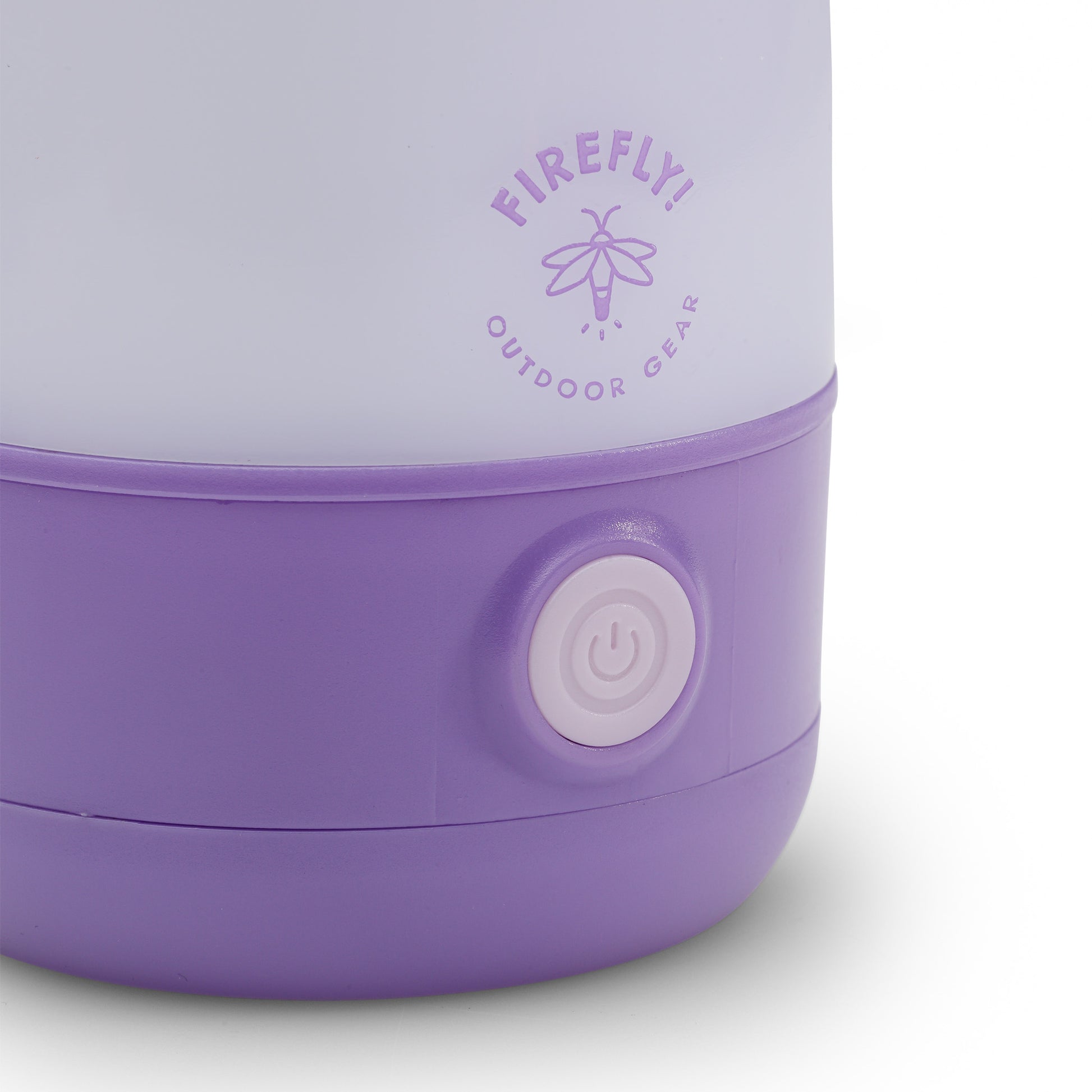 Purple and white 200 lumen lantern zooming in on the power button.