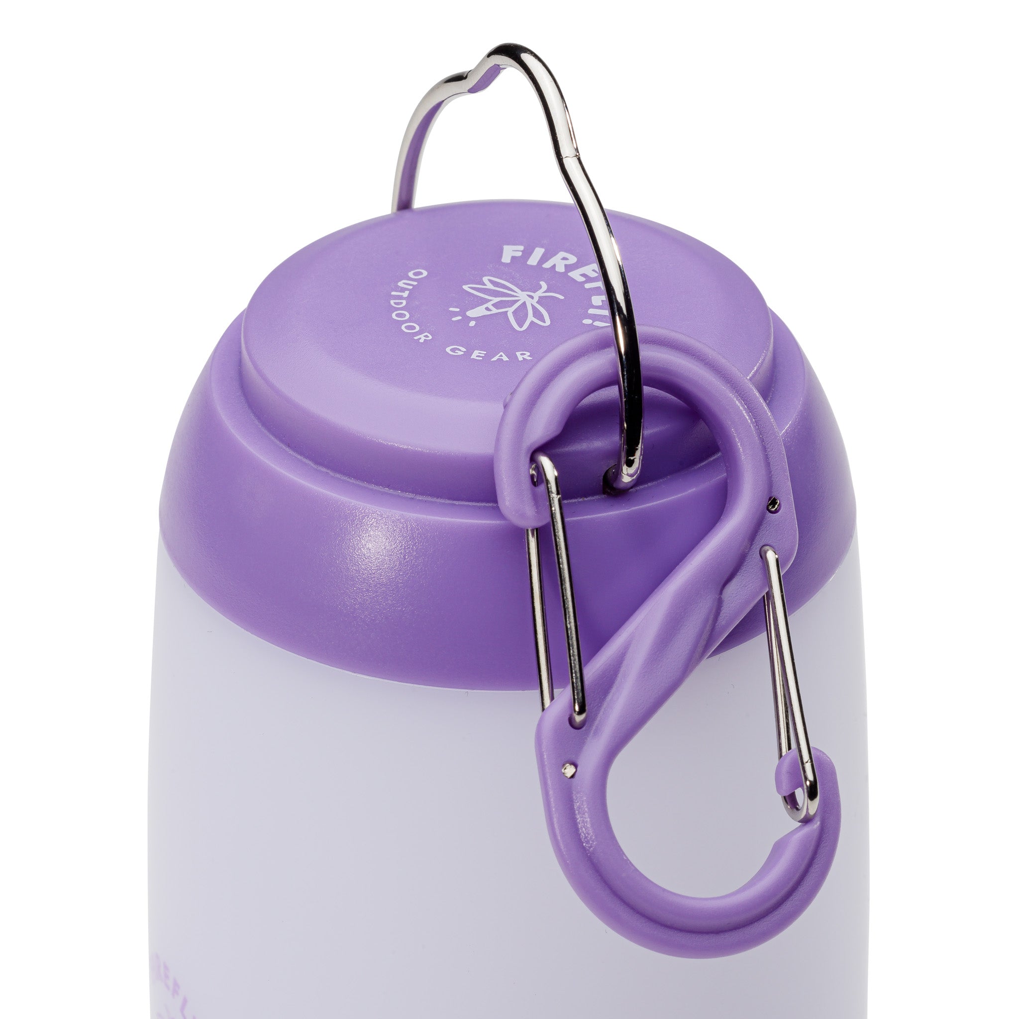 Purple and white 200 lumen lantern with carabiner around the handle.