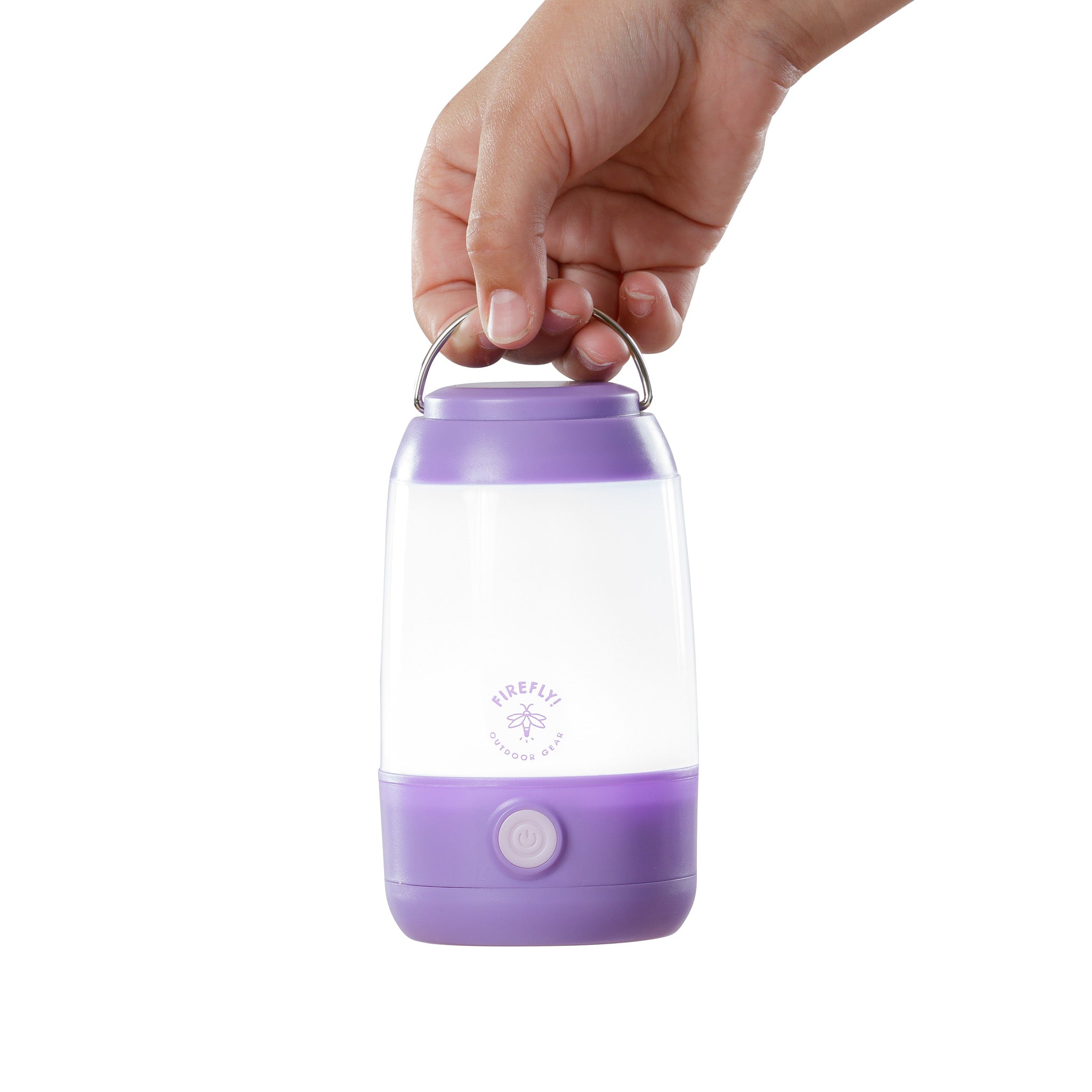 Hand holding a purple and white portable lantern on a white background.