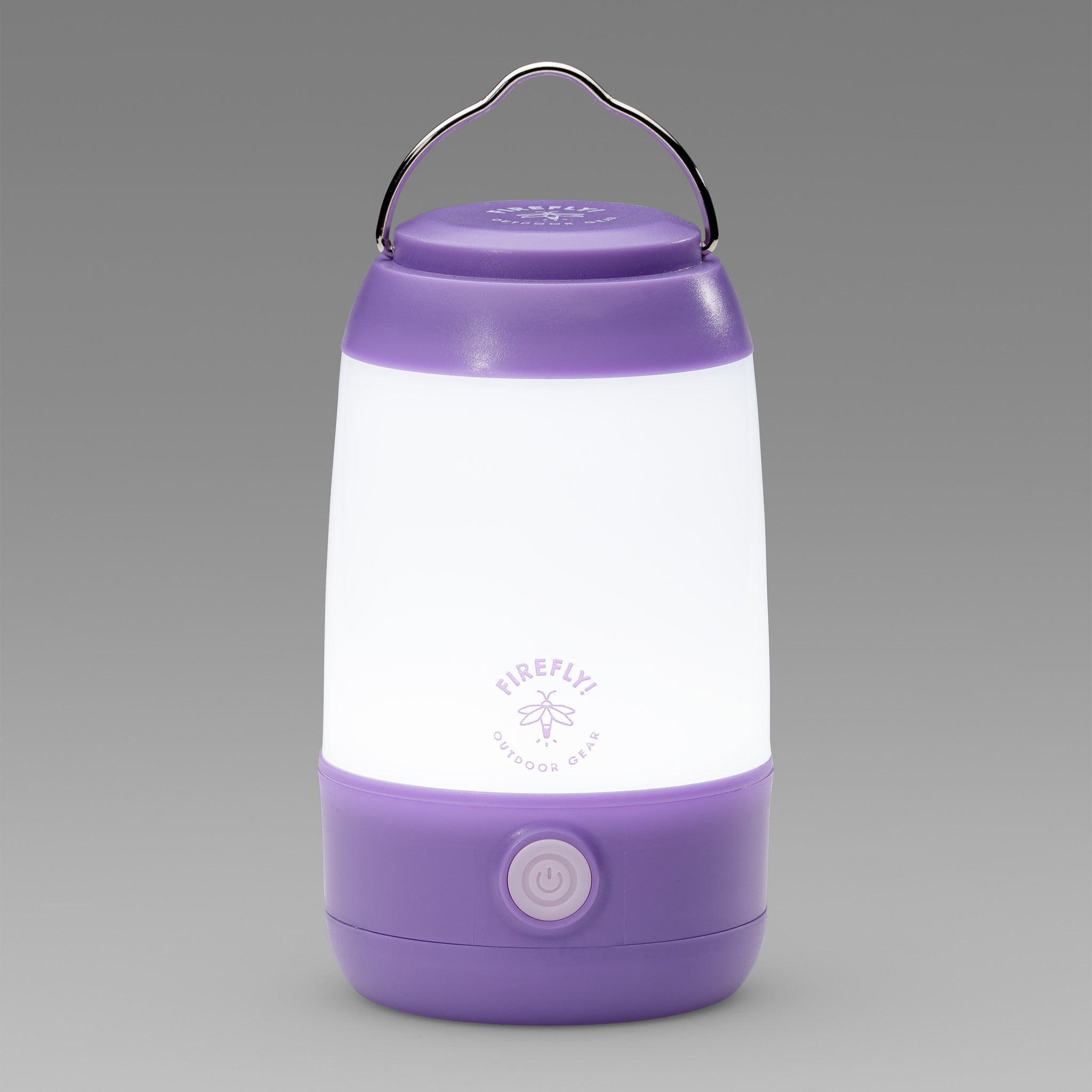 Purple and white camping lantern with visible brand logo on a gray background.