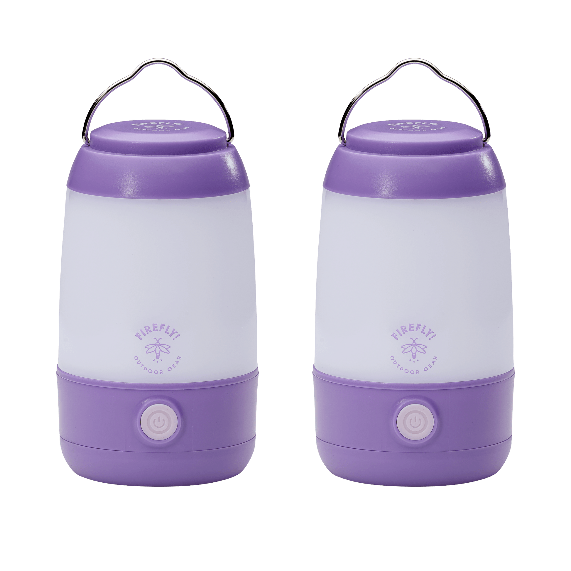 Two purple and white camping lanterns on a black background.