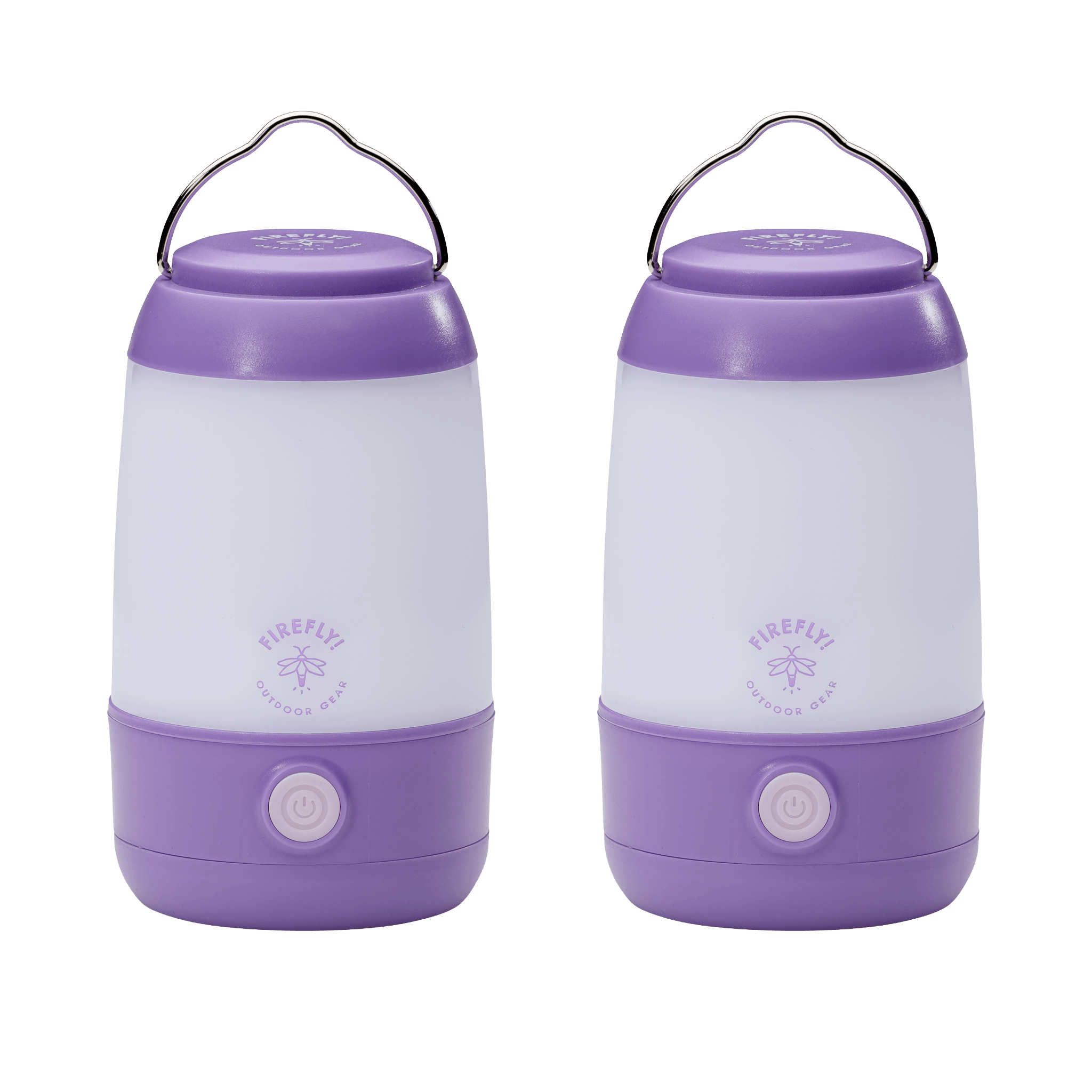 Two purple and white camping lanterns on a black background.