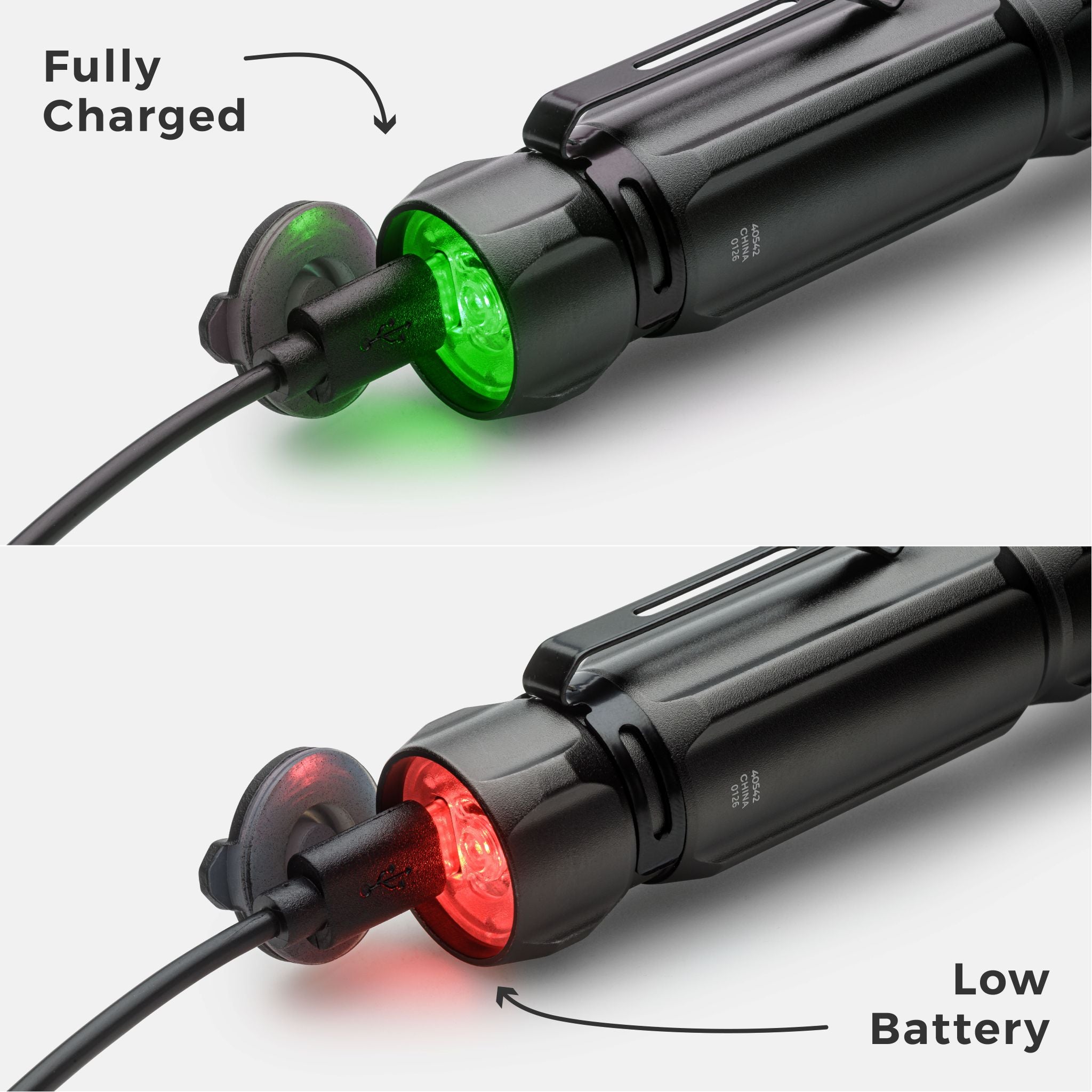 Two views of a device with charging indicators showing 'Fully Charged' and 'Low Battery'.