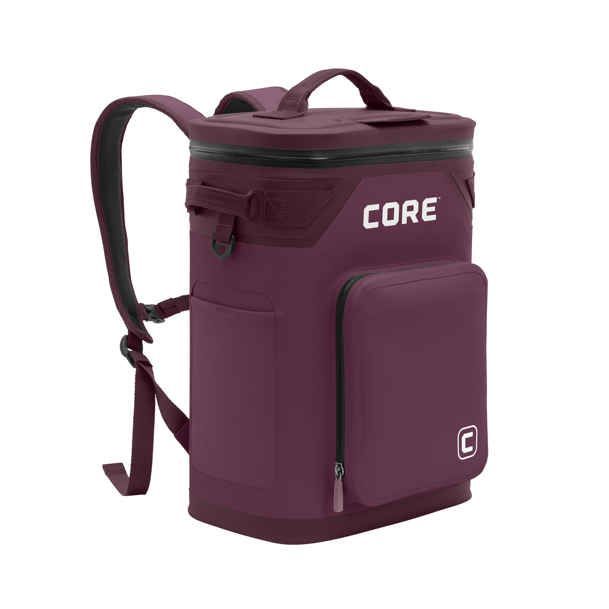 CORE Climakeep 24 can cooler angled view in mulberry with a waterproof design and a shoulder strap.