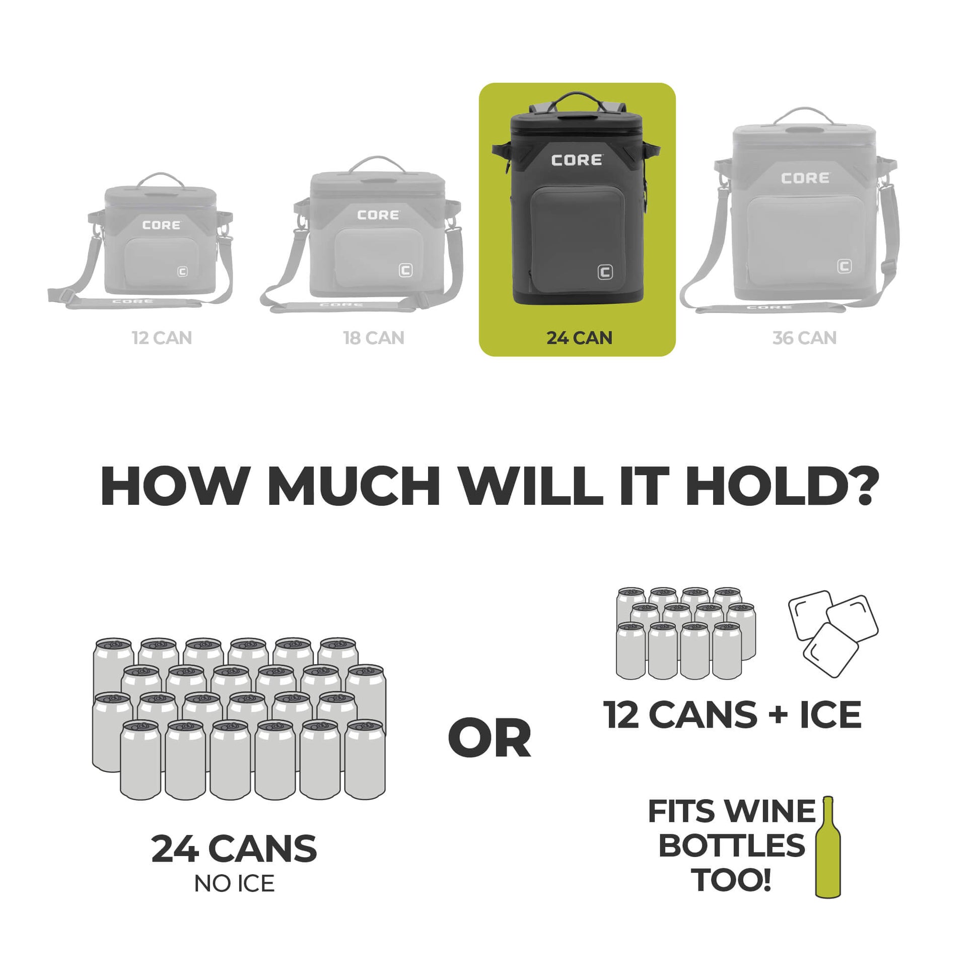 Graphic of CORE 24 can Climakeep charcoal backpack cooler showing capacity: 24 cans, 12 with ice, or wine bottles, plus size comparison.