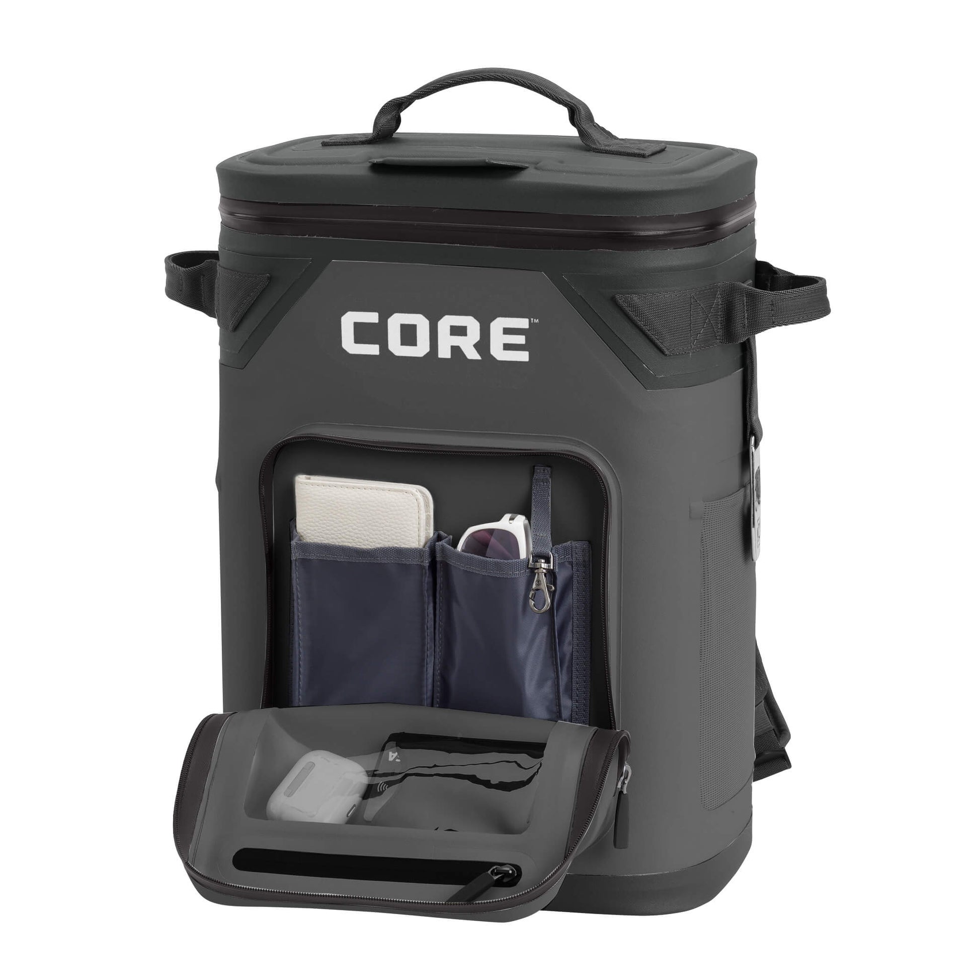 CORE Climakeep 24 can backpack cooler in charcoal with front pocket open, side bottle opener, and waterproof design.