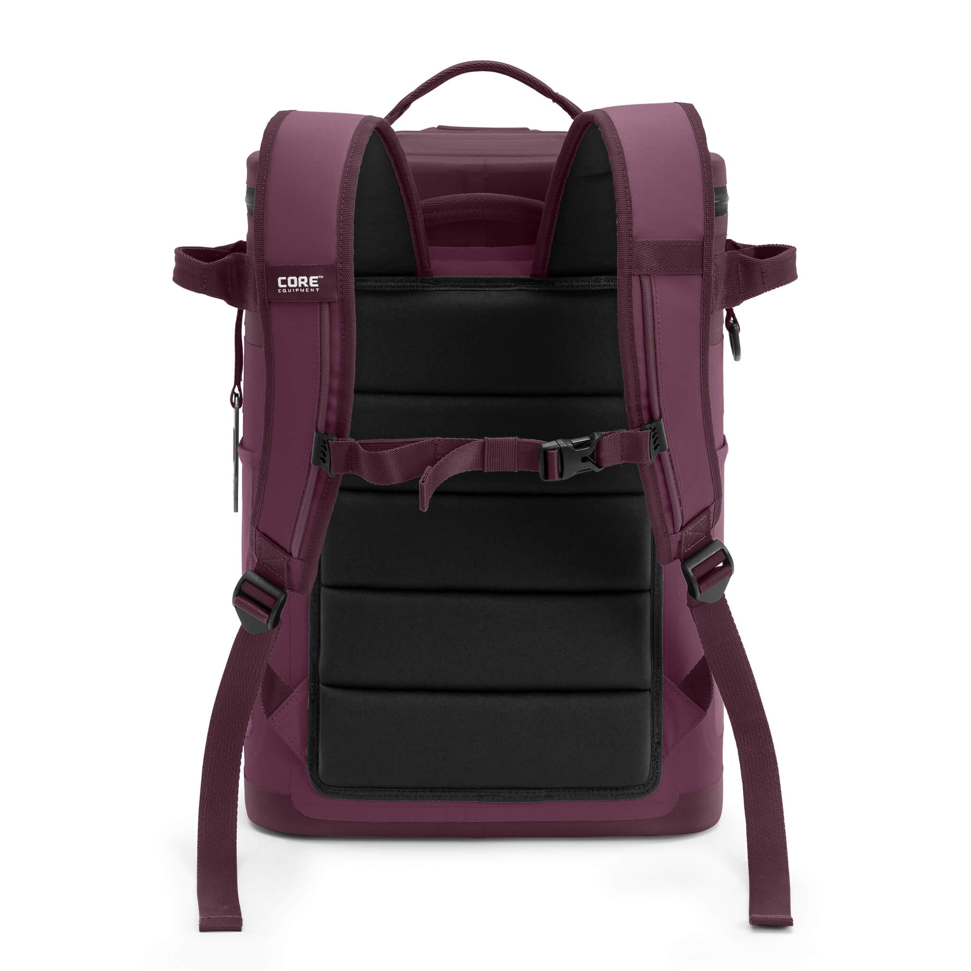 Back view of CORE Climakeep 24 Can Backpack Cooler in Mulberry with padded backpack straps and chest buckle.