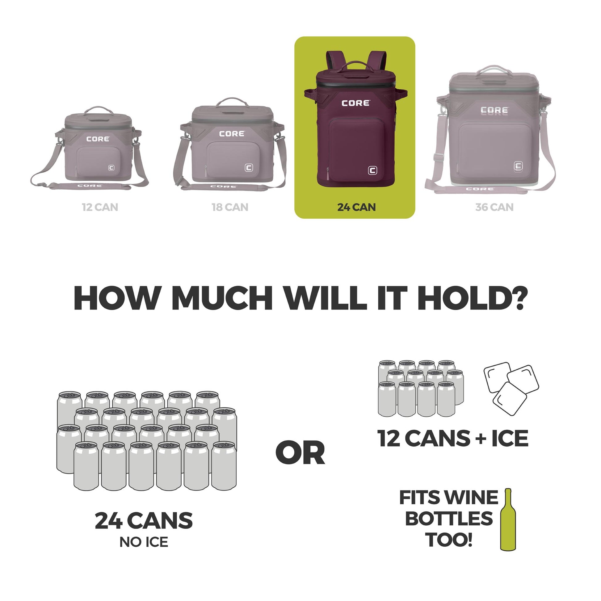 Graphic of CORE 24 can Climakeep mulberry backpack cooler showing capacity: 24 cans, 12 with ice, or wine bottles, plus size comparison.