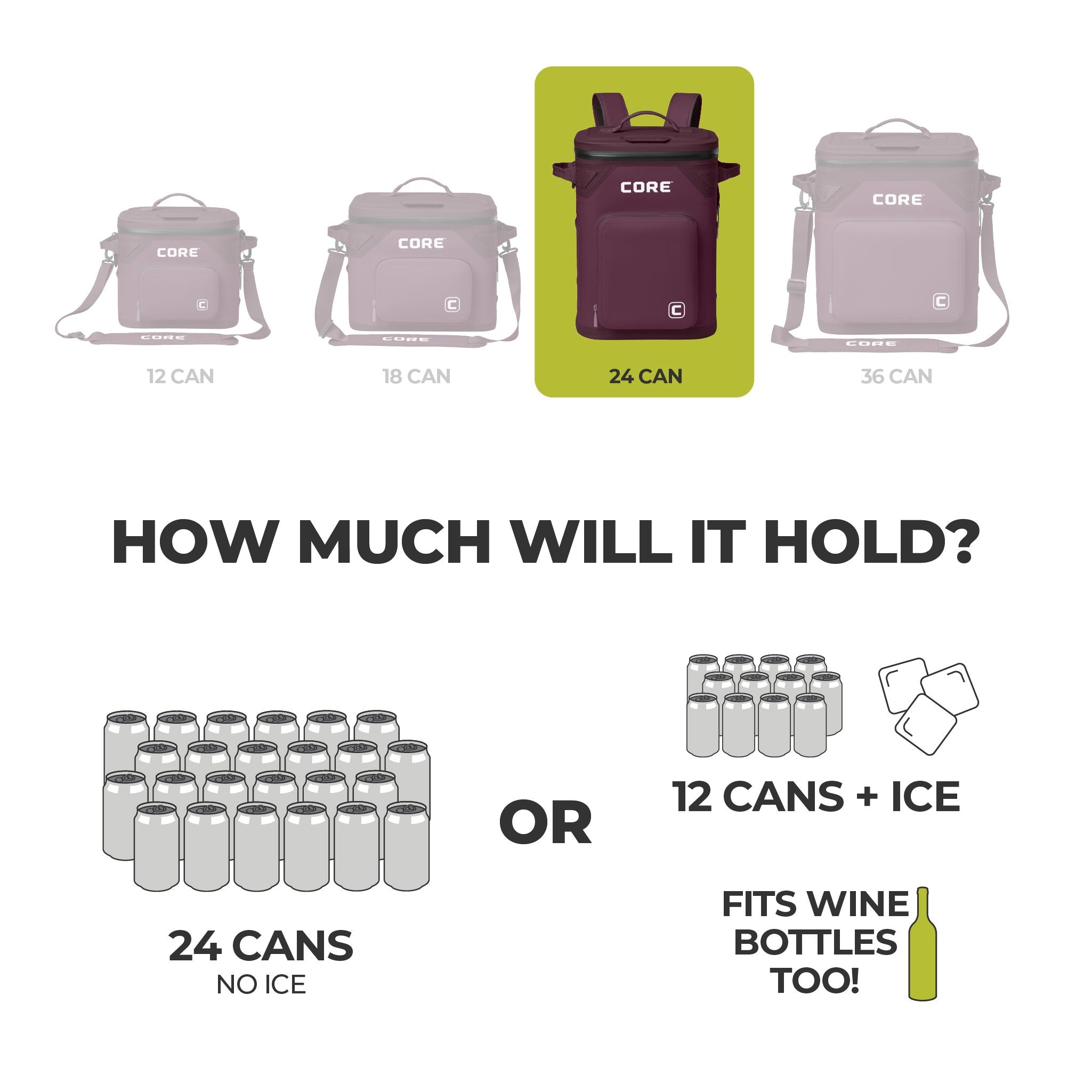Graphic of CORE 24 can Climakeep mulberry backpack cooler showing capacity: 24 cans, 12 with ice, or wine bottles, plus size comparison.